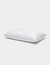 A single Cozy Earth Cooling Pillow Protector in white is displayed against a plain light gray background, featuring a small fabric tag on its side.