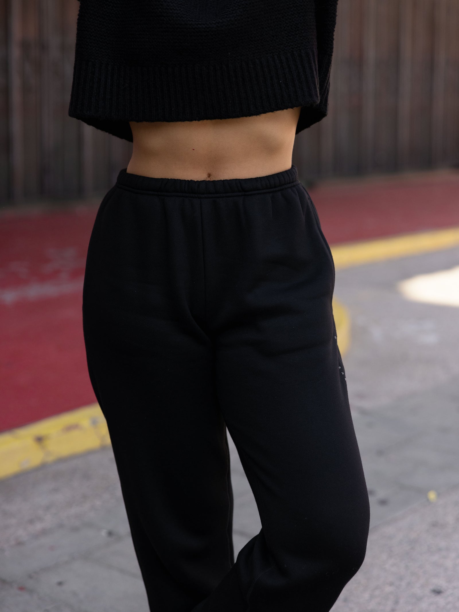 Black CityScape Joggers. The Joggers are being worn by a female model. The photo is taken from the waist down. The back ground is white. 