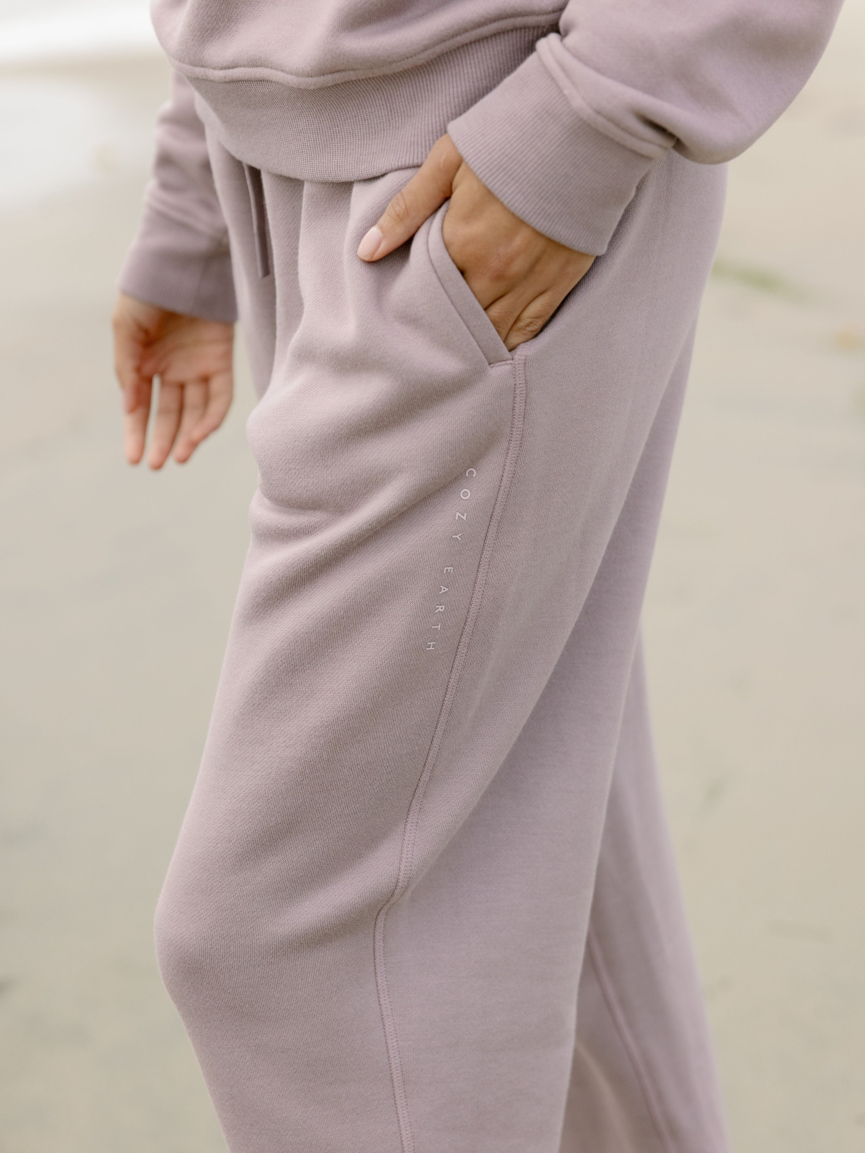 Close up of dusty orchid cityscape sweatpant 