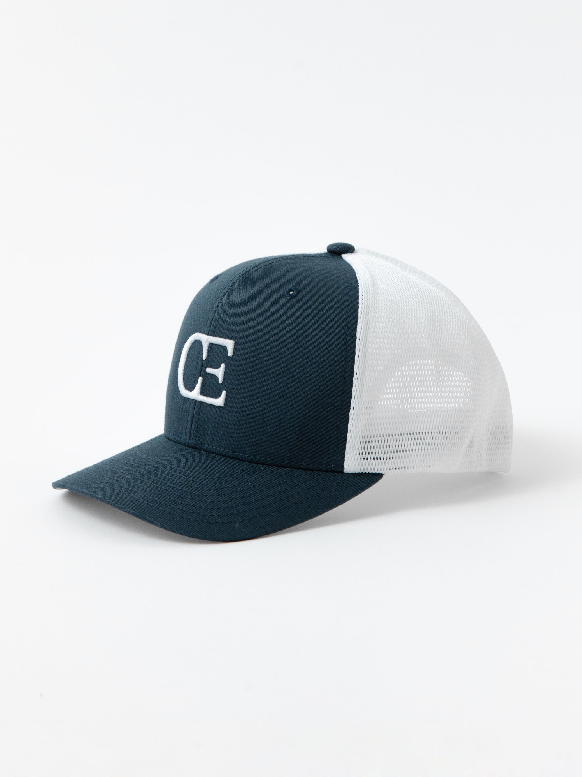 Navy and white cap with a CE logo on a light gray background 