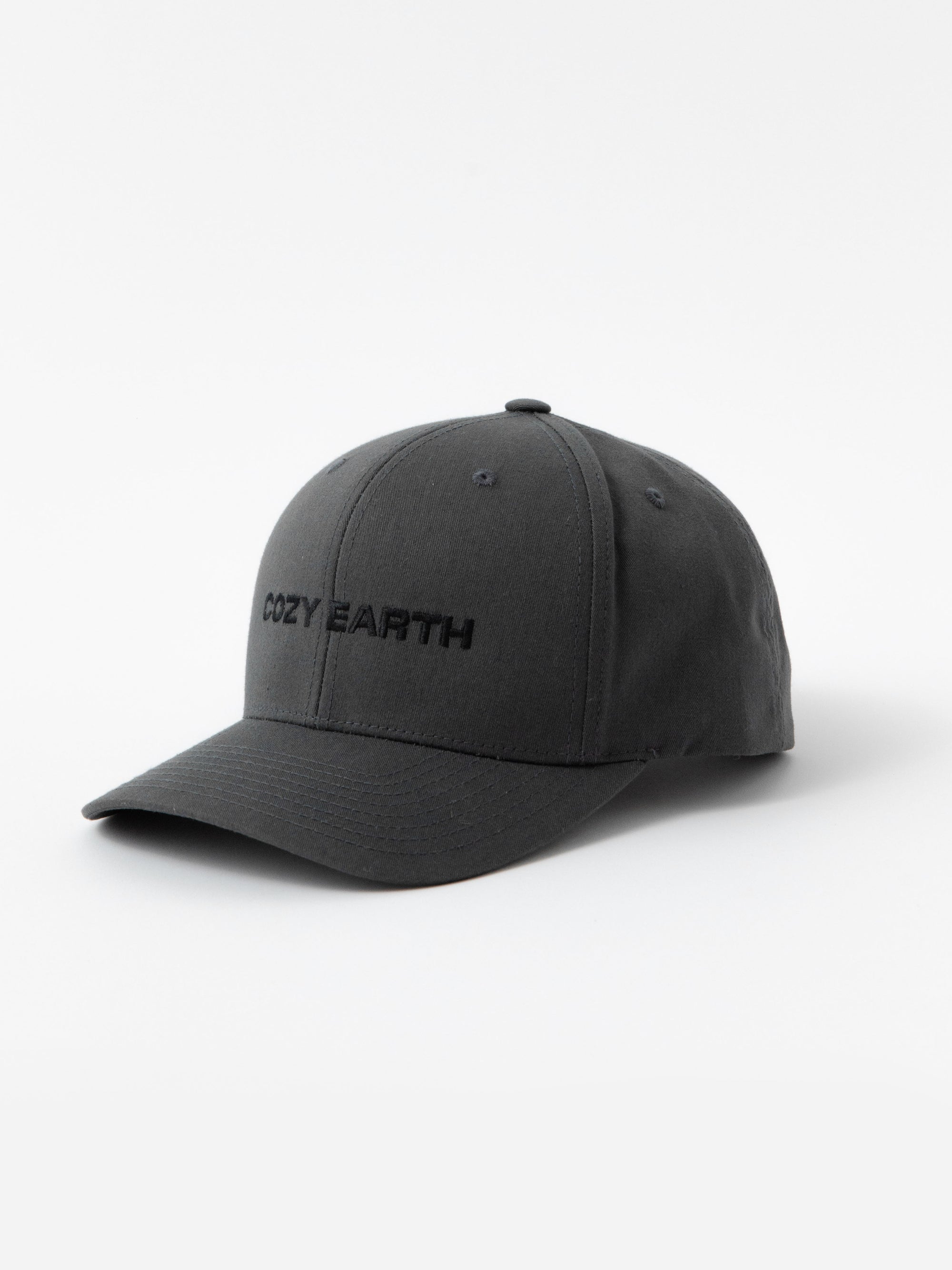 Grey cap with 'COZY EARTH' text on a white background 