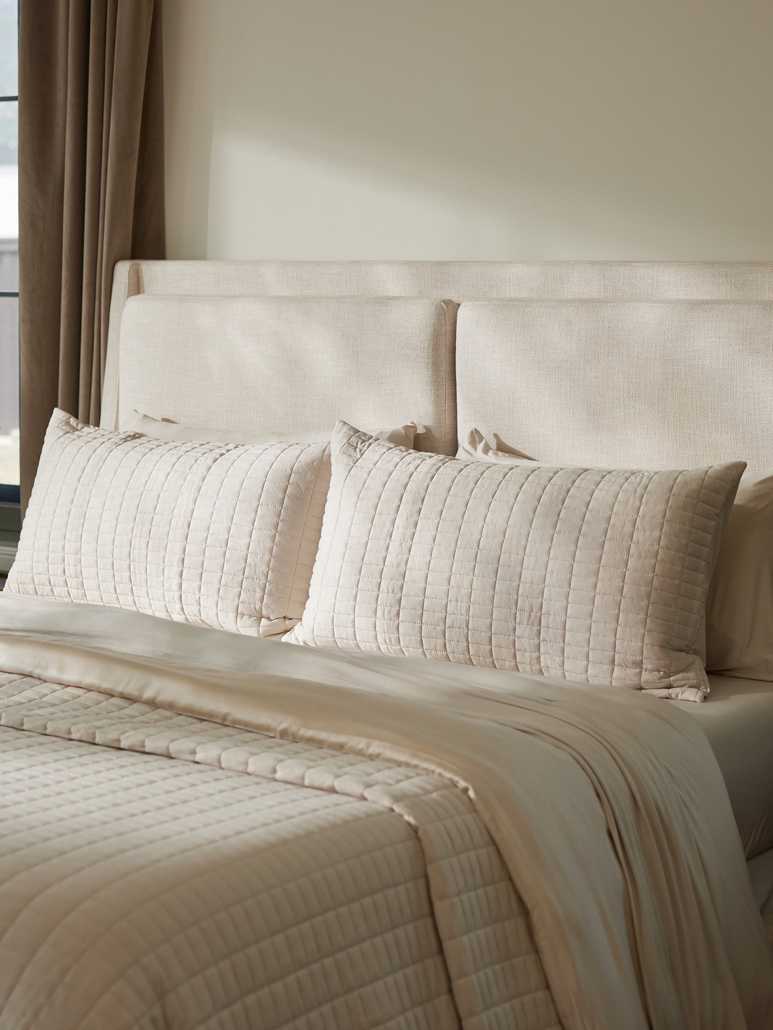 Toddler, standard, or king birch shams on bed