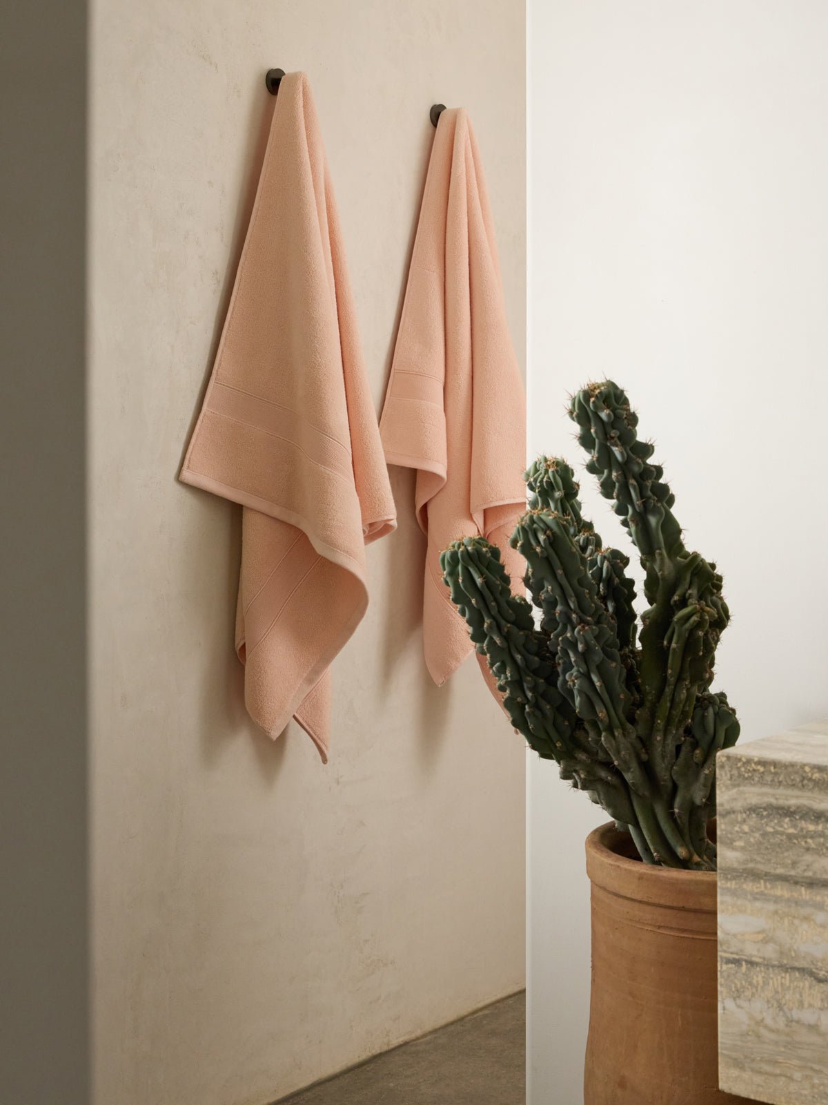 Two Luxe Bath Towels by Cozy Earth in peach hang side by side on a light wall. On the right, a potted cactus with multiple branches sits on a marble surface. The scene is minimalistic and well-lit. 