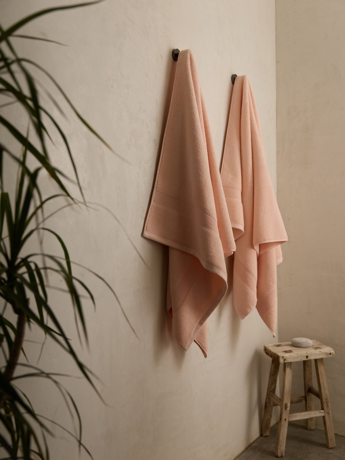 Two Cozy Earth Luxe Bath Sheets in soft pink hang neatly on hooks against a neutral wall. Below, a rustic wooden stool holds a neatly folded cloth. A leafy plant partially visible on the left adds a touch of greenery. 