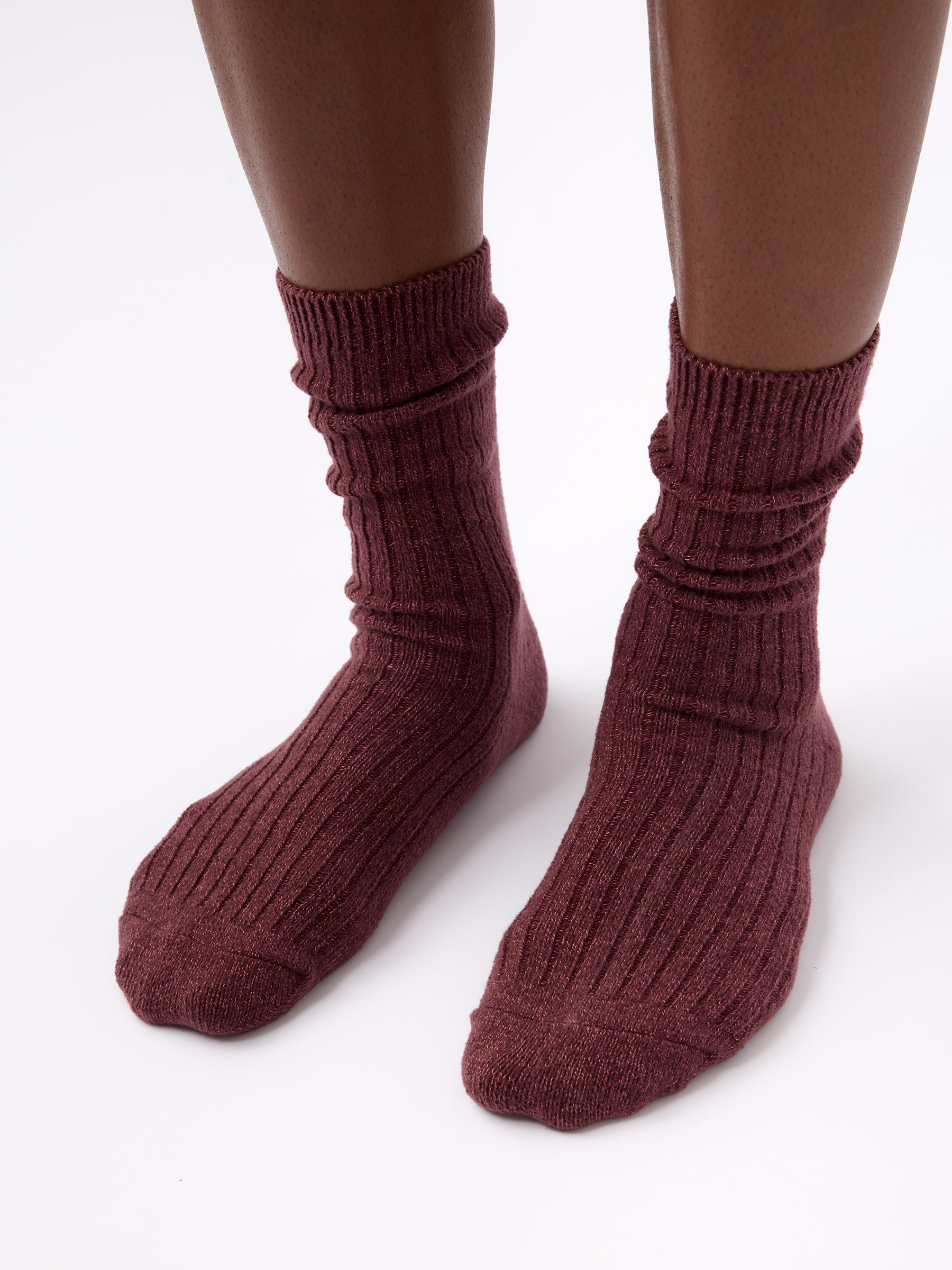 Person wearing Cozy Earth Plush Lounge Sock in Burgundy |Color:Burgundy/Rouge/Dusty Rose