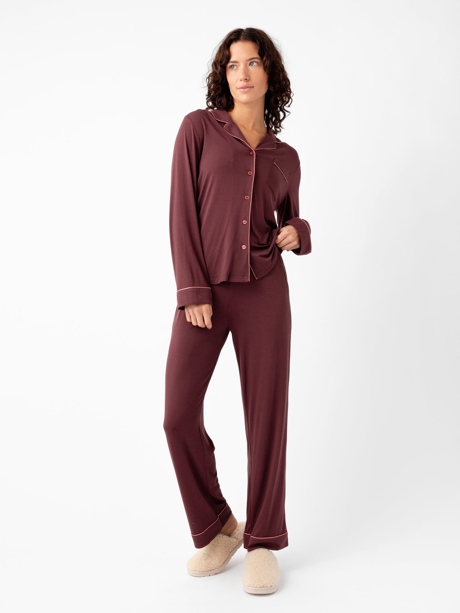 Woman wearing Women's Long Sleeve Bamboo Pajama Top in Stretch-Knit - Burgundy 