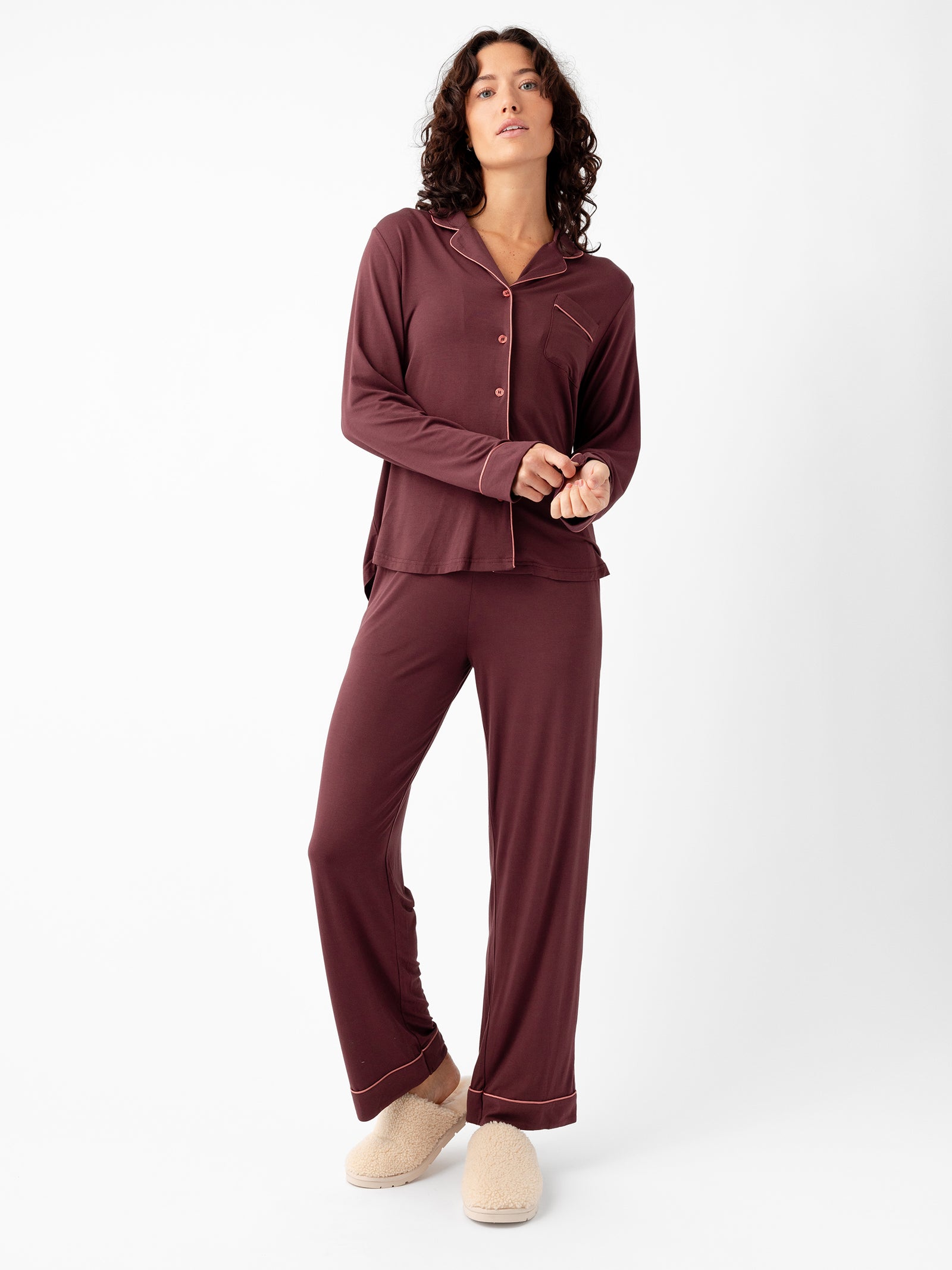 Woman wearing Women's Stretch-Knit Bamboo Pajama Pant in Burgundy 