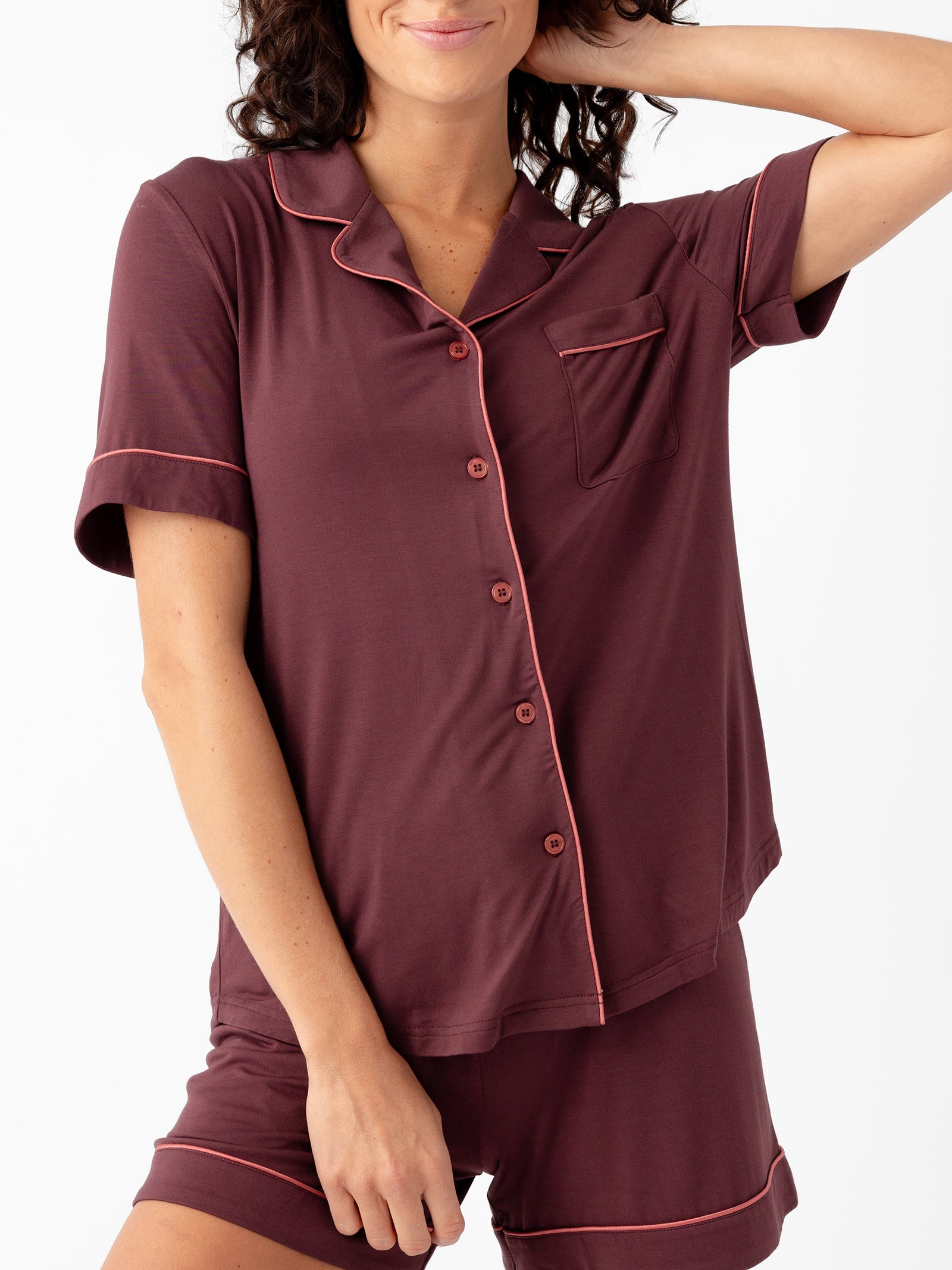 Woman wearing Women's Bamboo Pajama Short in Burgundy 