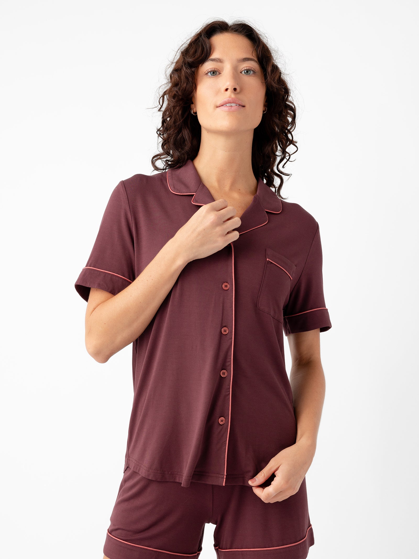 Woman wearing Women's Short Sleeve Bamboo Pajama Top in Stretch-Knit - Burgundy 