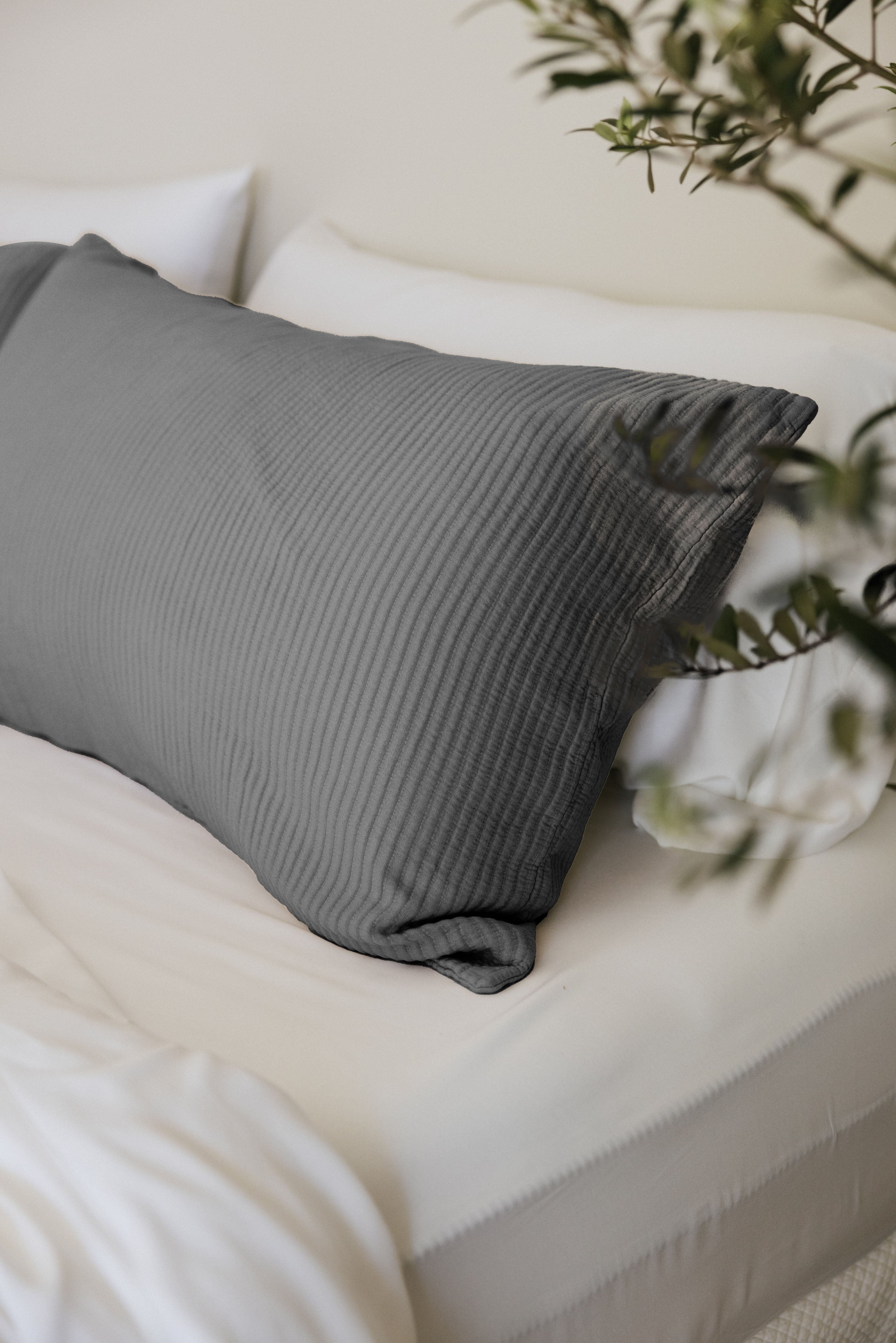 Charcoal coverlet sham on white bed |Color:Charcoal