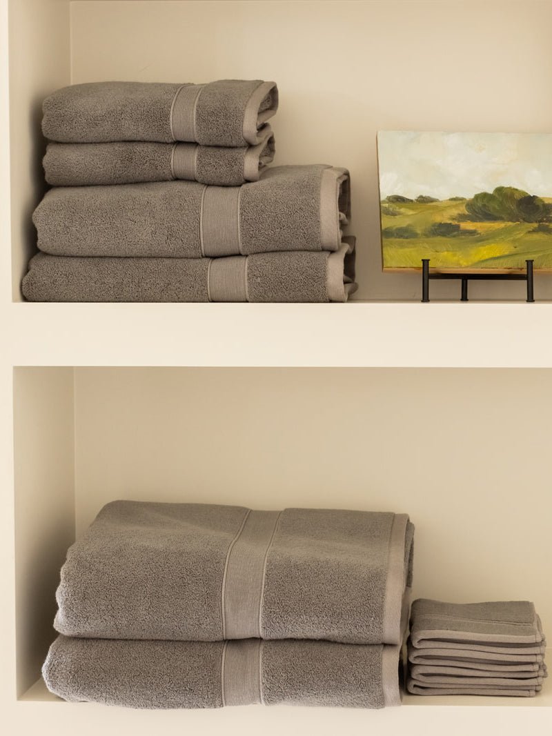 Complete luxe bath bundle folded on shelves |Color:Charcoal
