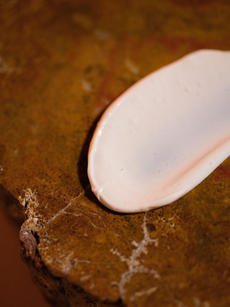 A close-up of Cozy Earth's Clay Mask, nestled on a textured brown stone surface, highlights its white ceramic spoon with a gentle pink tint. The background showcases intricate patterns and crevices.