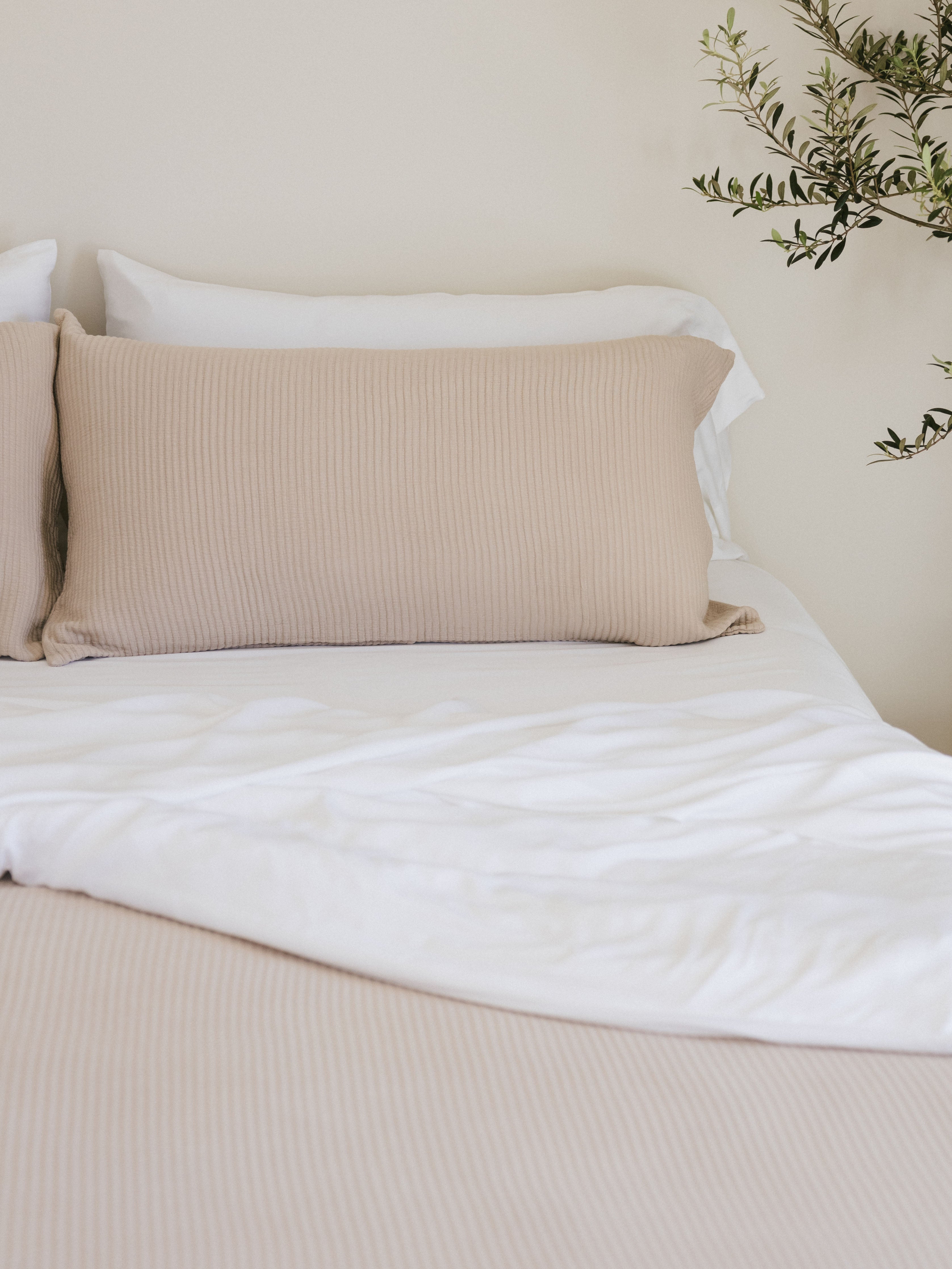 Driftwood coverlet and coverlet shams on white bed |Color:Driftwood