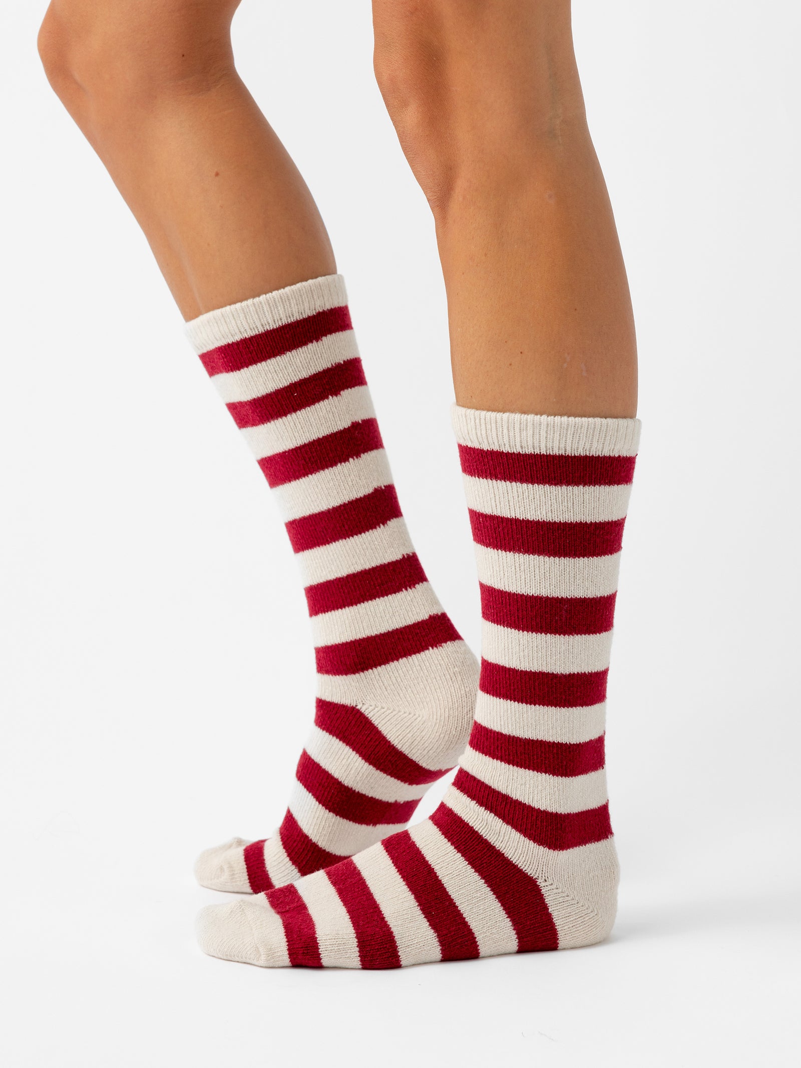 Person wearing Striped Plush Lounge Socks in Garnet 