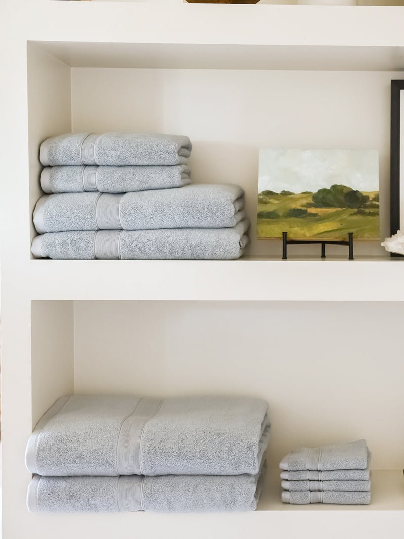 Complete luxe bath bundle folded on shelves |Color:Harbor Mist