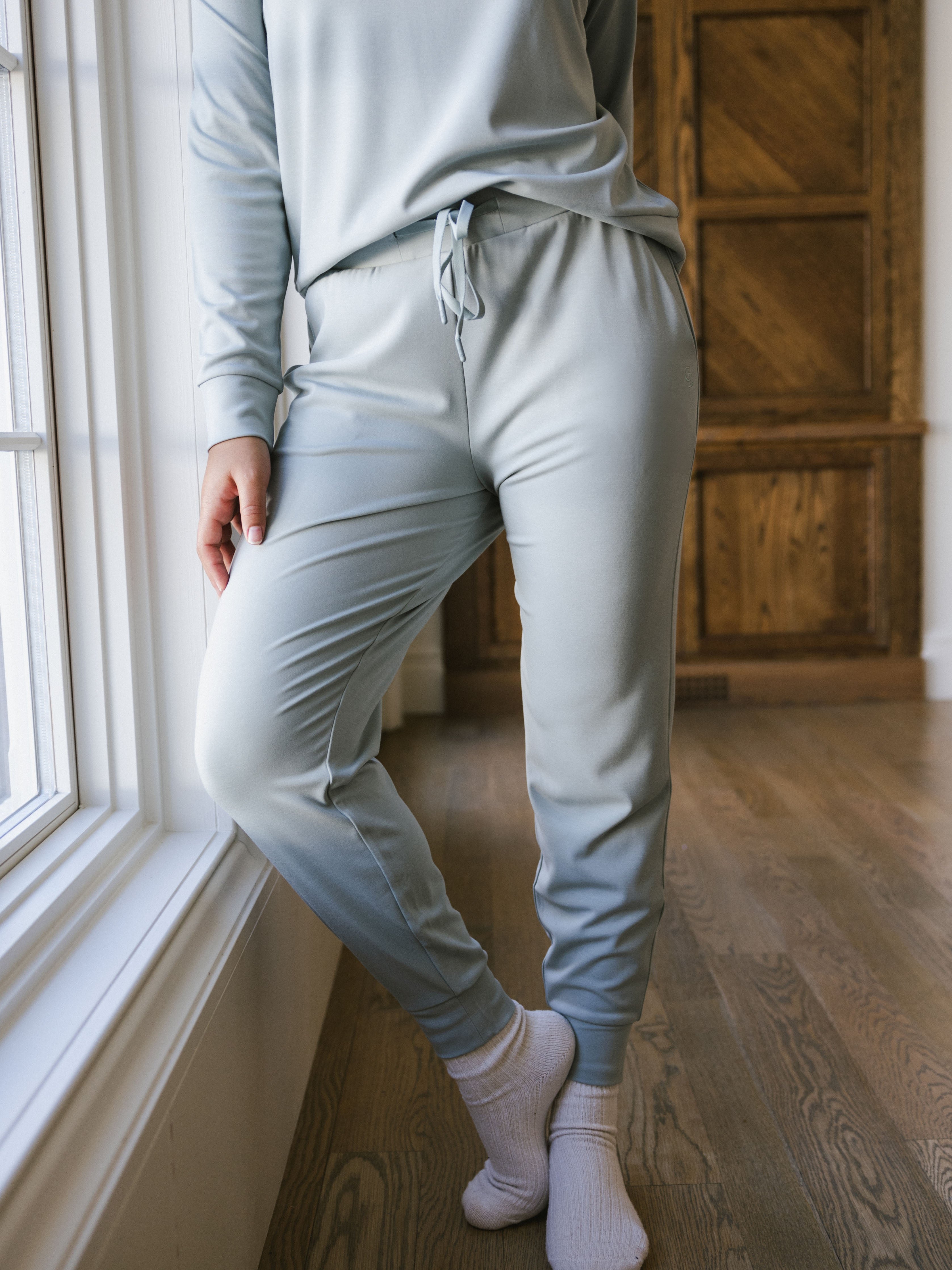 Haze Bamboo Jogger Set. The photo was taken close up, showing off the print of the joggers. 