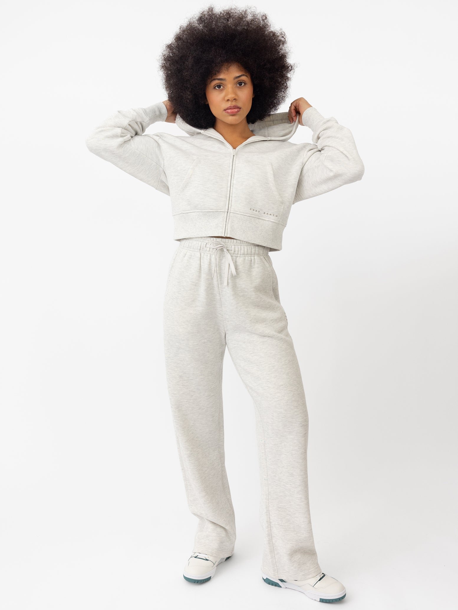 Woman wearing Heather Grey CityScape Wide Leg Pant with white background 