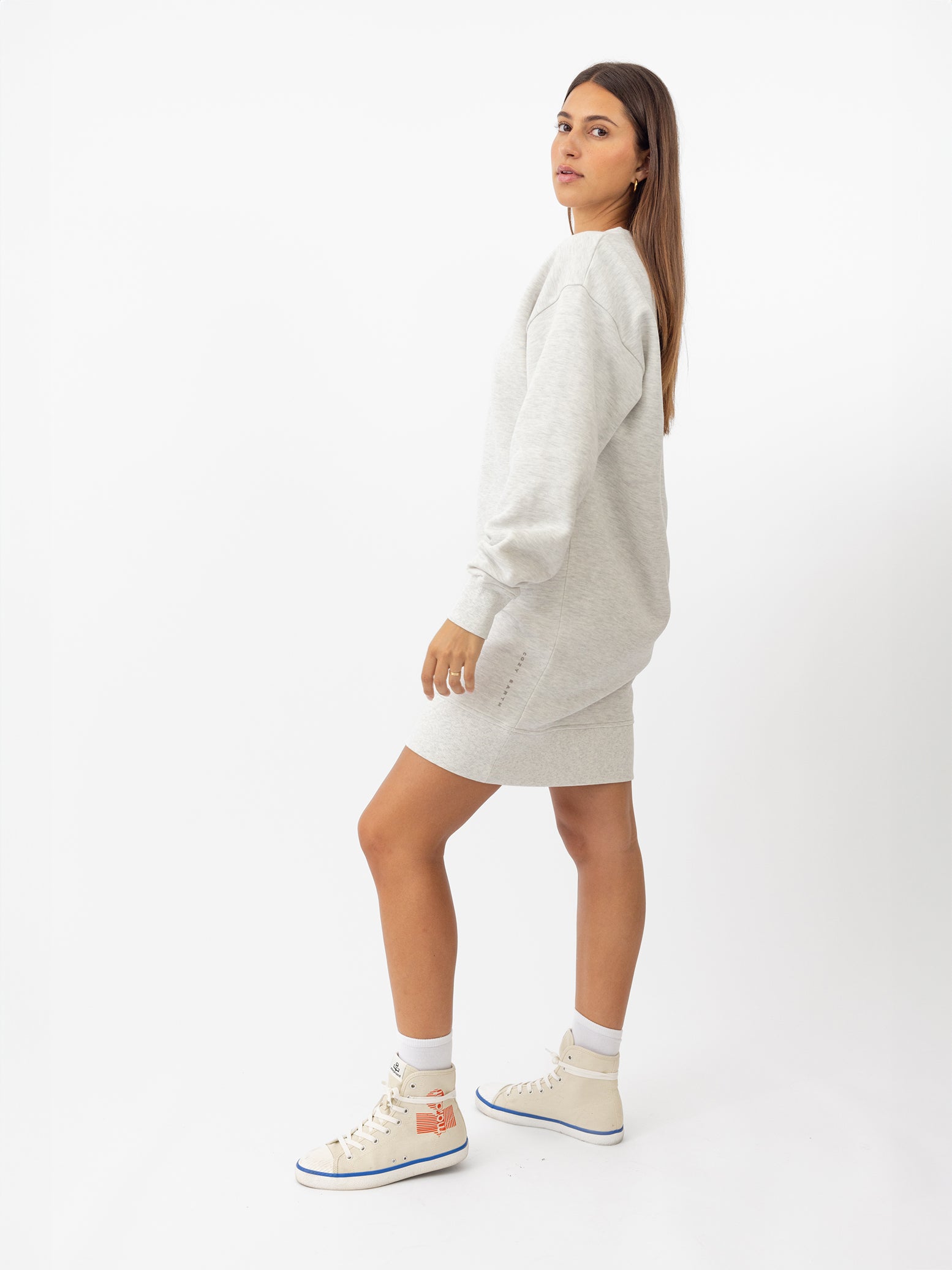 Woman wearing Heather Grey CityScape Crewneck Dress with white background 