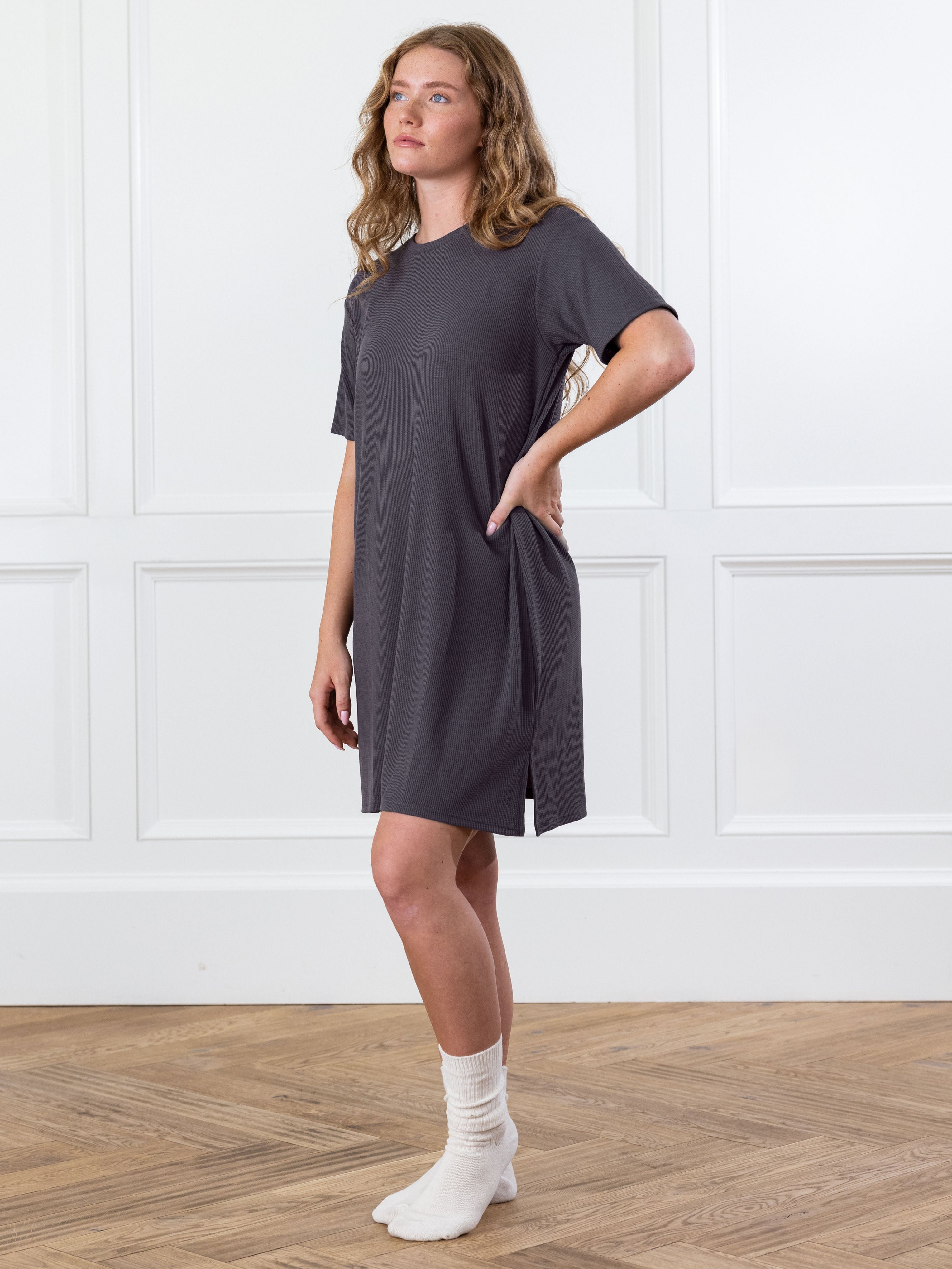 Women posing wearing a Waffle Knit Dress|Color:Iron