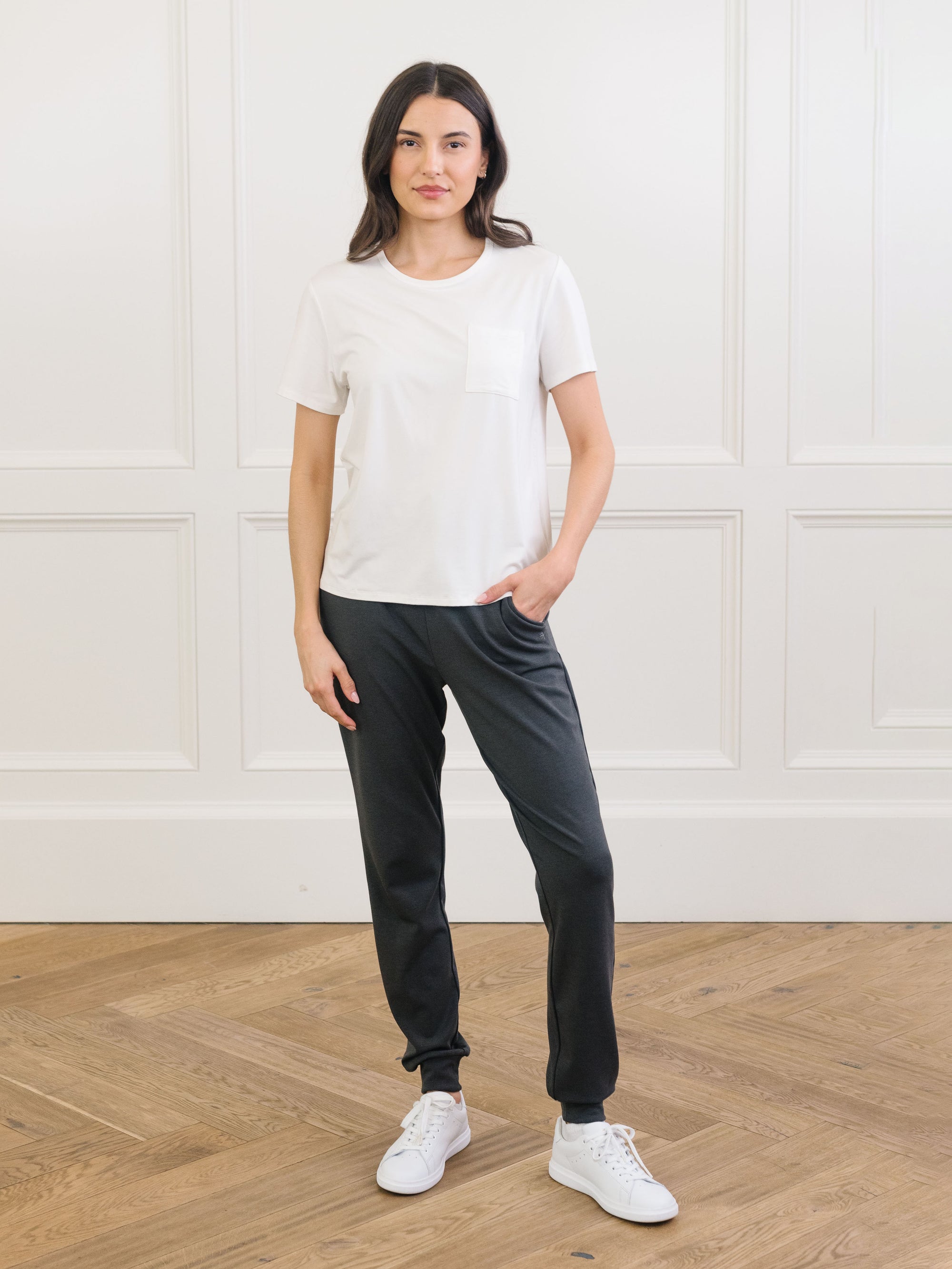 Woman wearing Cozy Earth Bamboo Lounge Tee in ivory 