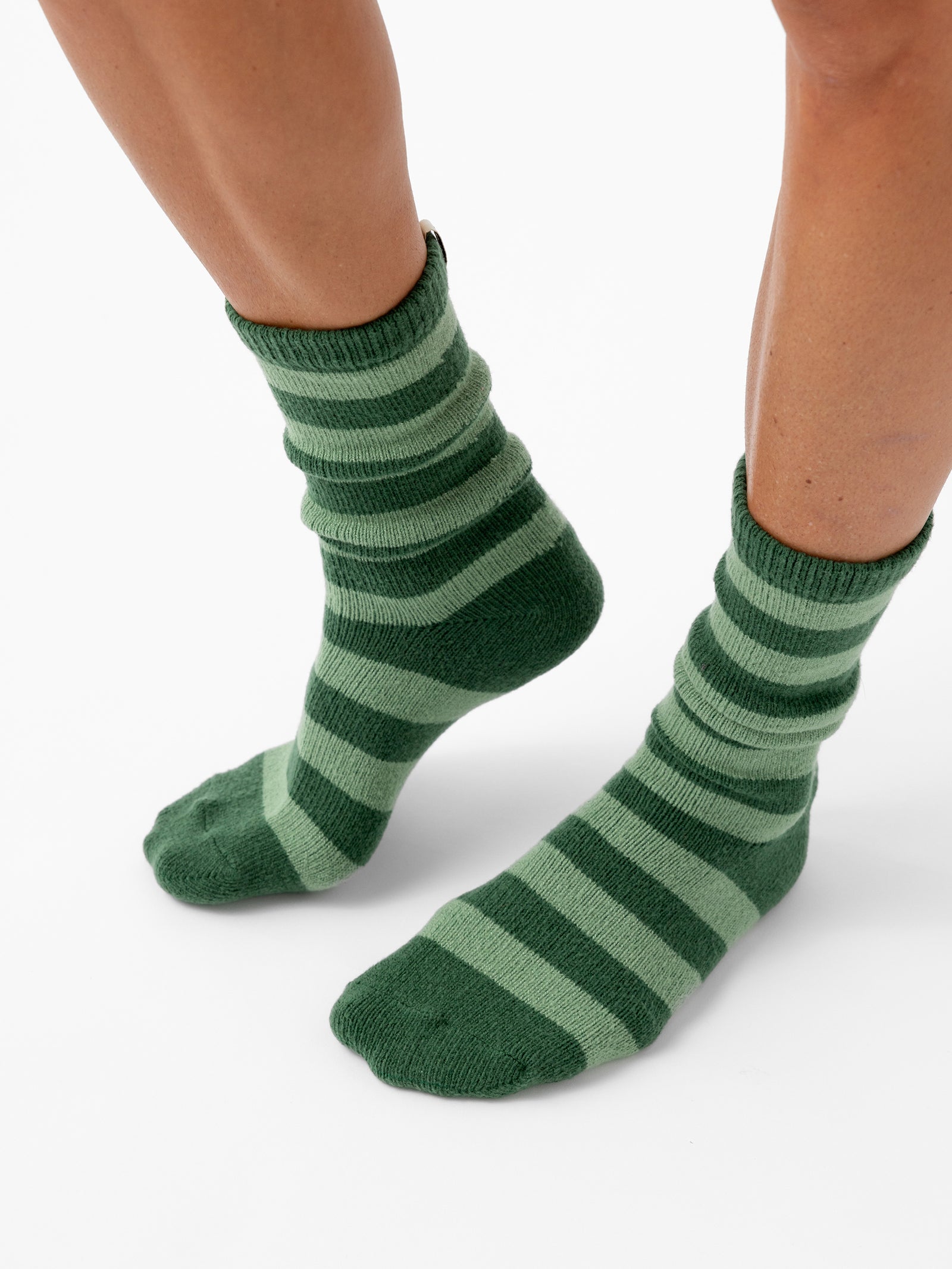 Person wearing Striped Plush Lounge Sock in Jade 