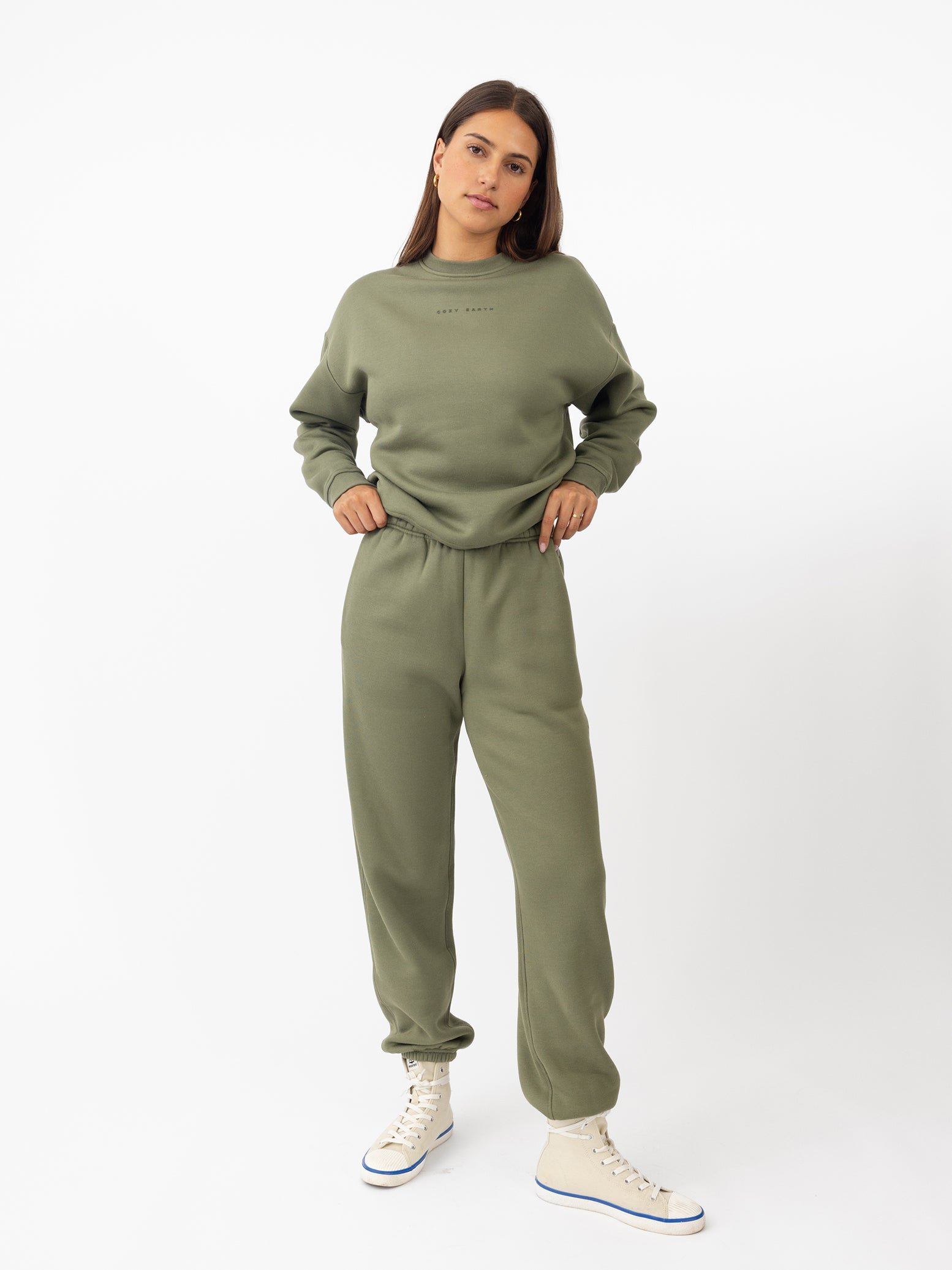 Woman wearing Juniper CityScape Crewneck with white background 