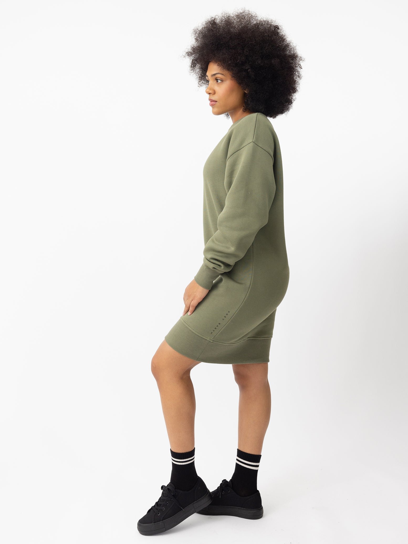Woman wearing Juniper CityScape Crewneck Dress with white background 