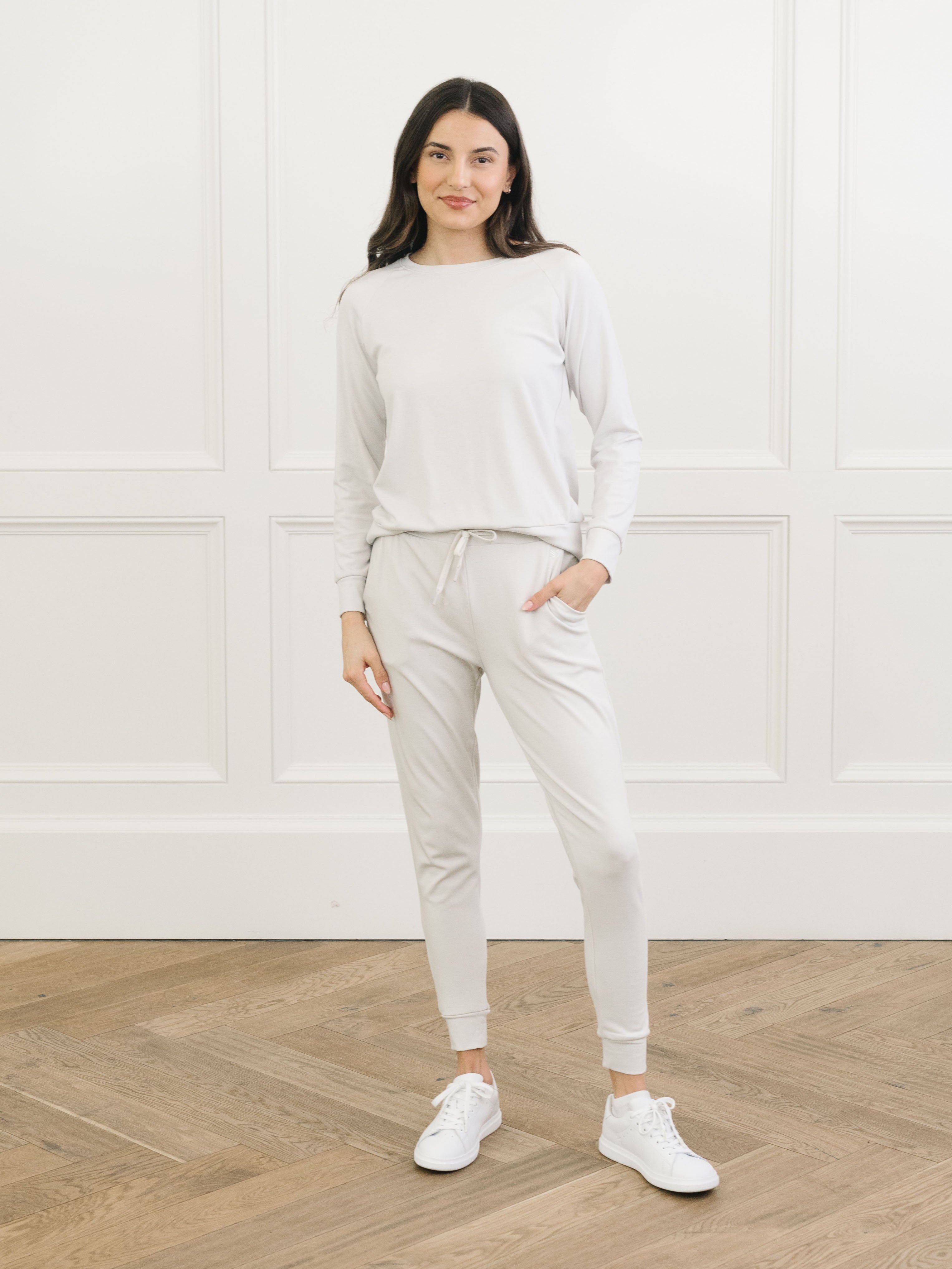 Light Grey Bamboo Jogger Set. The photo was taken close up, showing off the print of the joggers. 