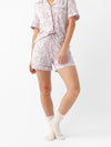 Person in lilac toile short sleeve pajama set showing the neck down |Color:Lilac Toile