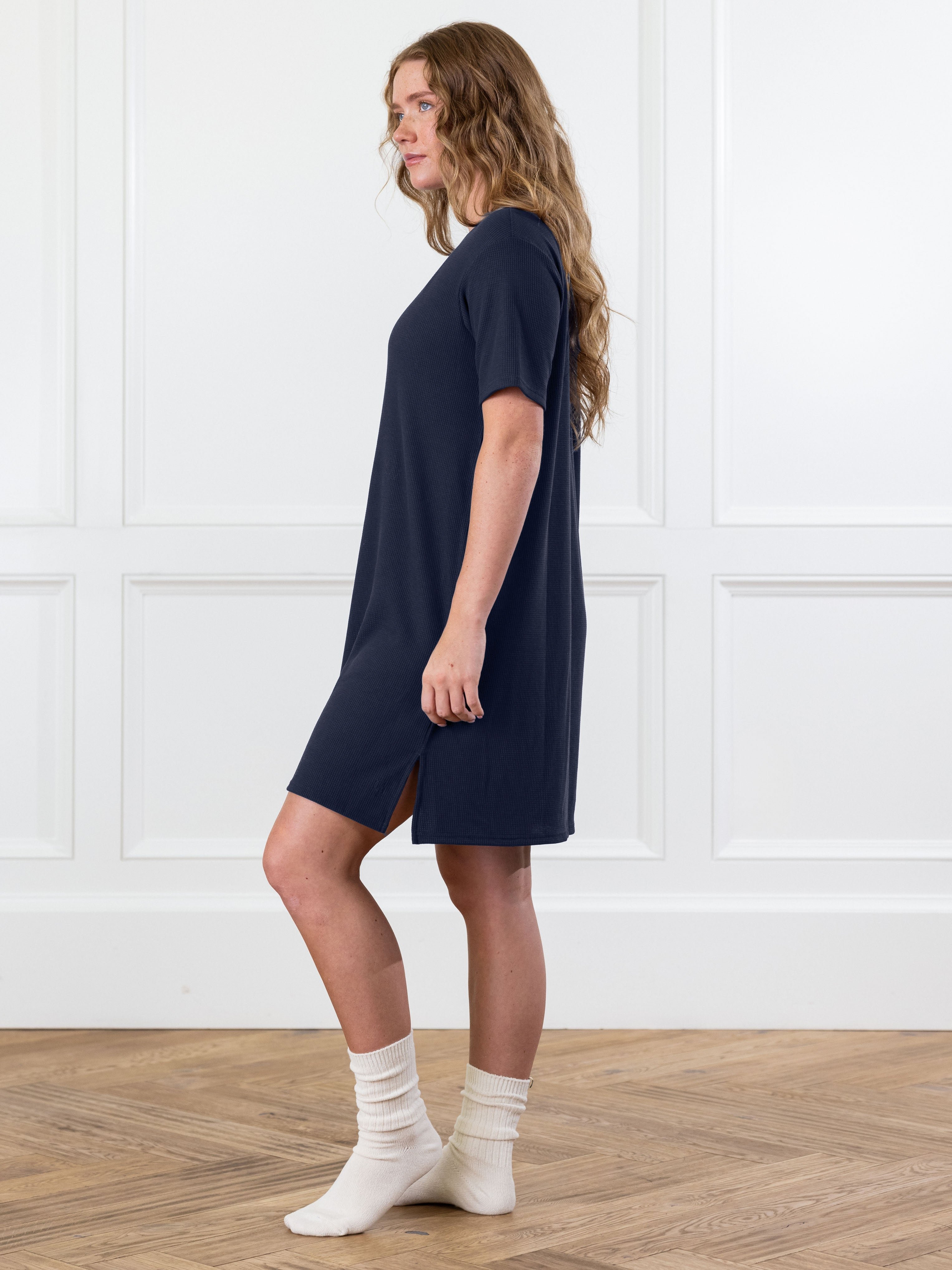 Woman posing in Waffle Knit Dress|Color:Navy