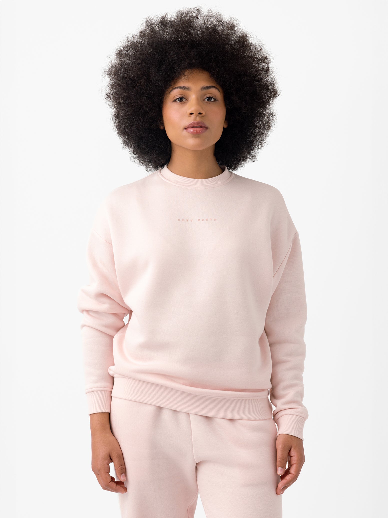 Peony CityScape Pullover Crew. The Pullover is being worn by a female model. Accompanying city scape clothing is being worn to complete the look of the outfit. The photo was taken with a white background. |Color:Peony