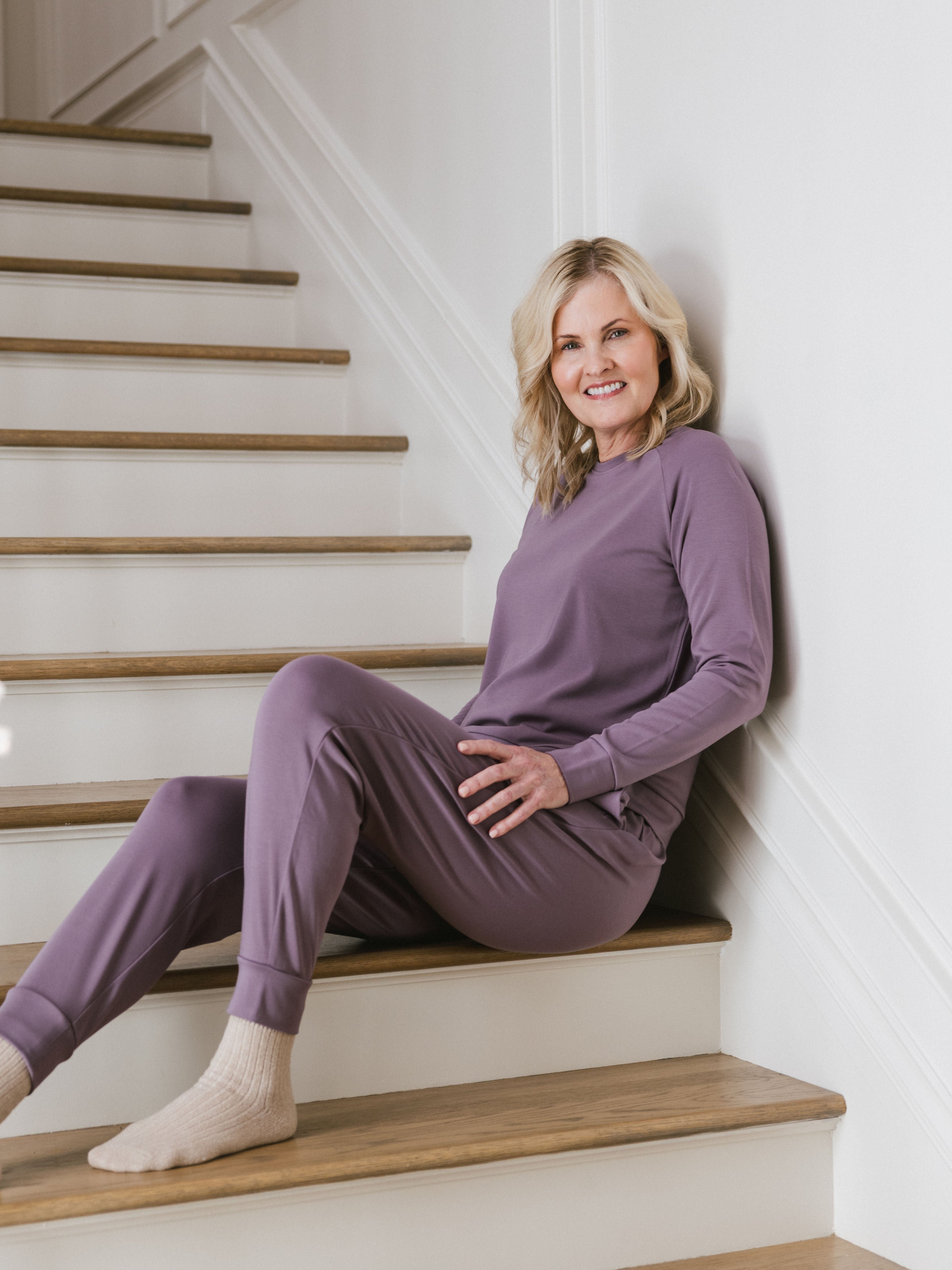 Twilight Bamboo Jogger Set. The photo was taken close up, showing off the print of the joggers. 