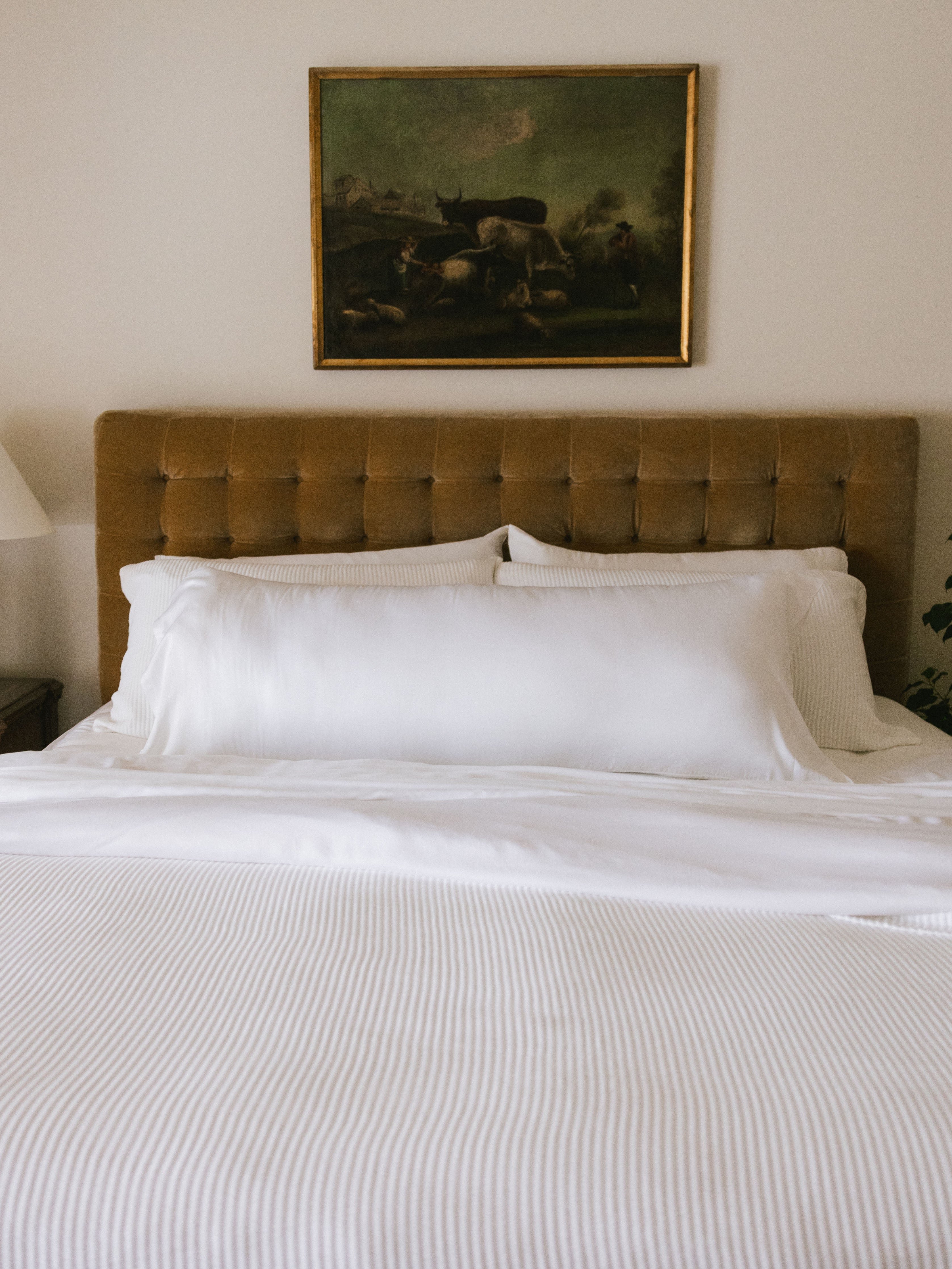 Body pillow with white case on bed 