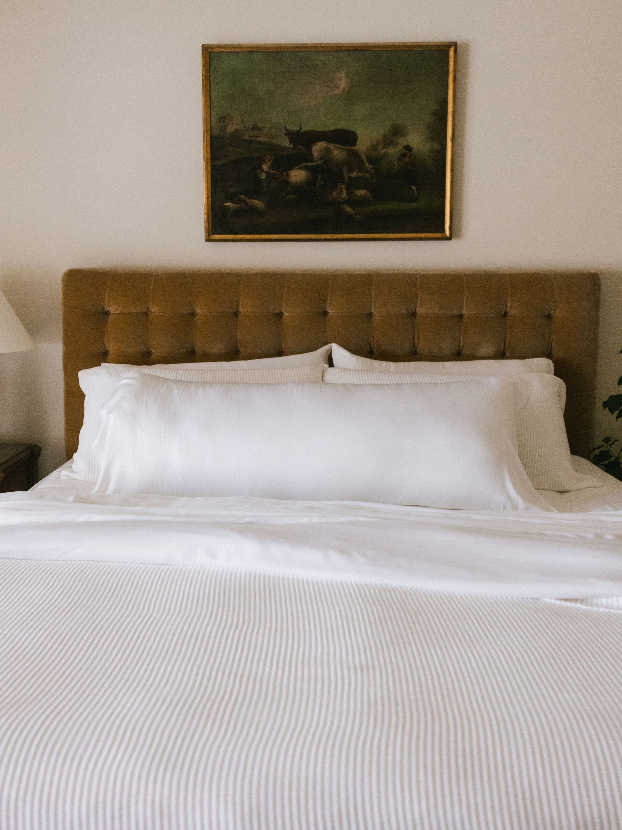 Body pillow with white case on bed 
