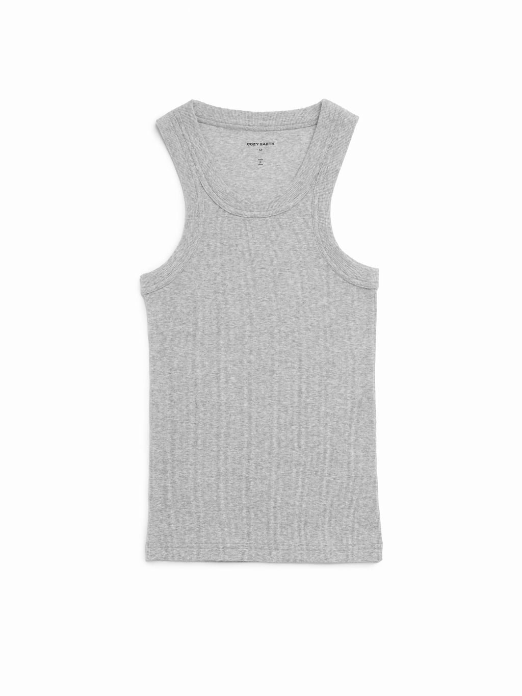 Cozy Earth Women's Fine Ribbed Tank in Heather Grey lies flat on a white background. 