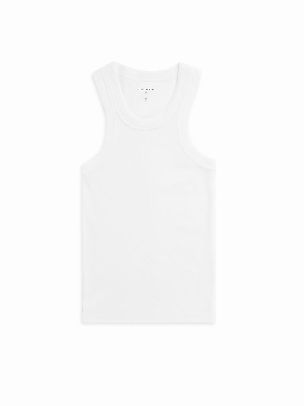 Cozy Earth Women's Fine Ribbed Tank in White lies flat on a white background. 