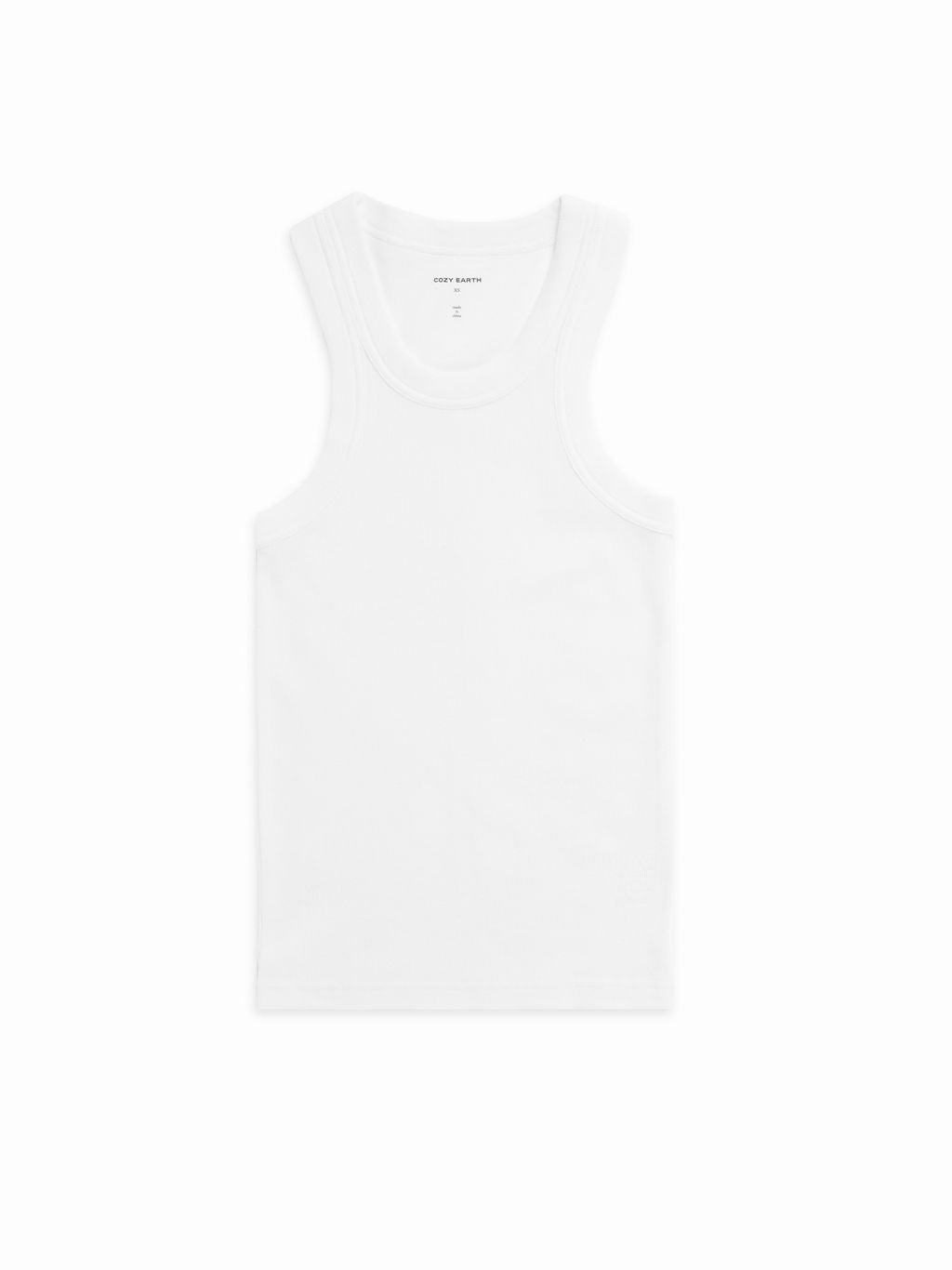 Cozy Earth Women's Fine Ribbed Tank in White lies flat on a white background. 