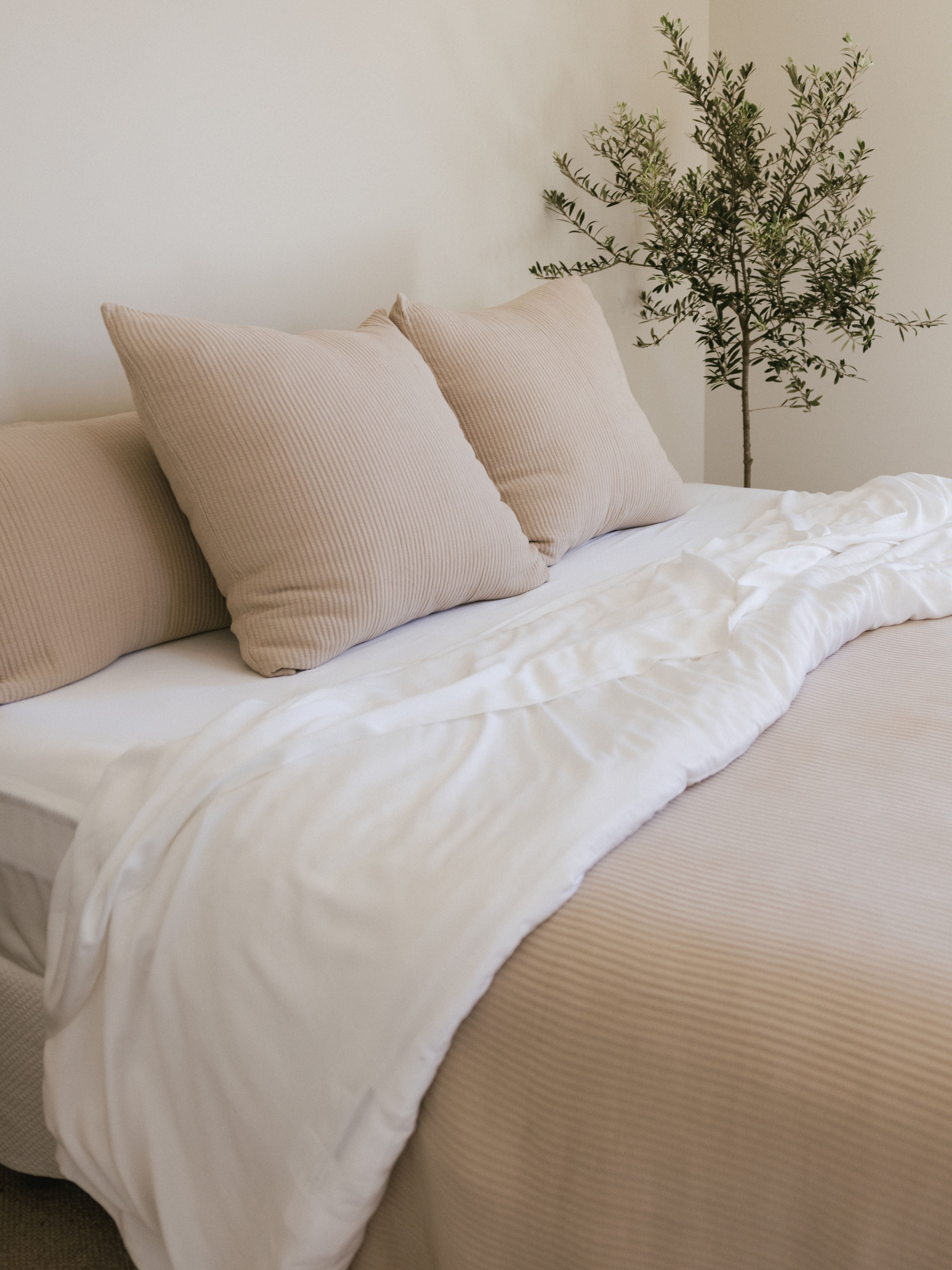 A neatly made bed featuring a light beige Premium Down Alternative Insert by Cozy Earth and three puffy beige pillows, against a light-colored wall. A white sheet is partially draped over the bed. A small green plant in the corner adds a touch of nature to the serene bedroom setting. |Size:Euro