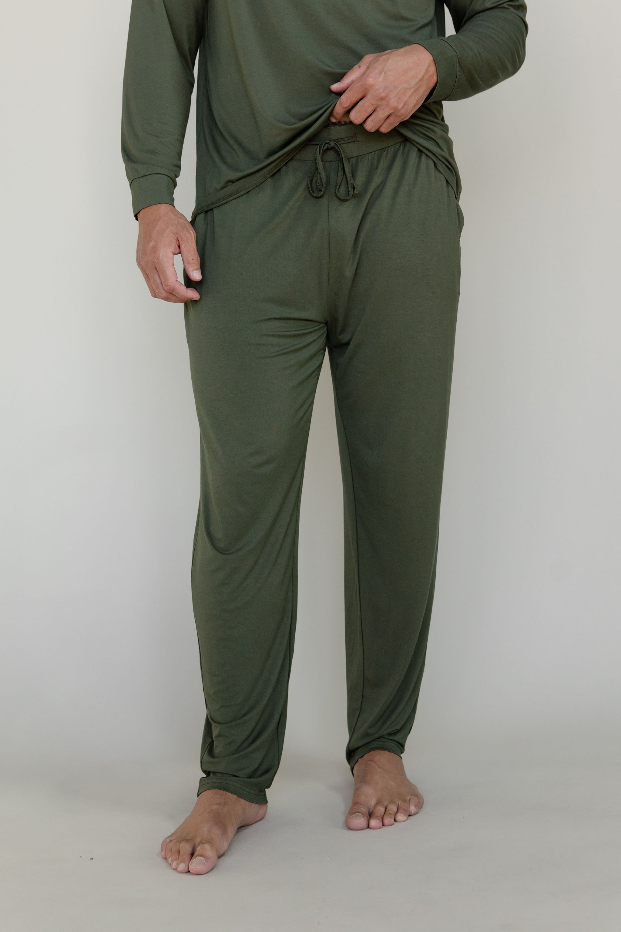 Man in olive long sleeve pajama pants with white background |Color:Olive