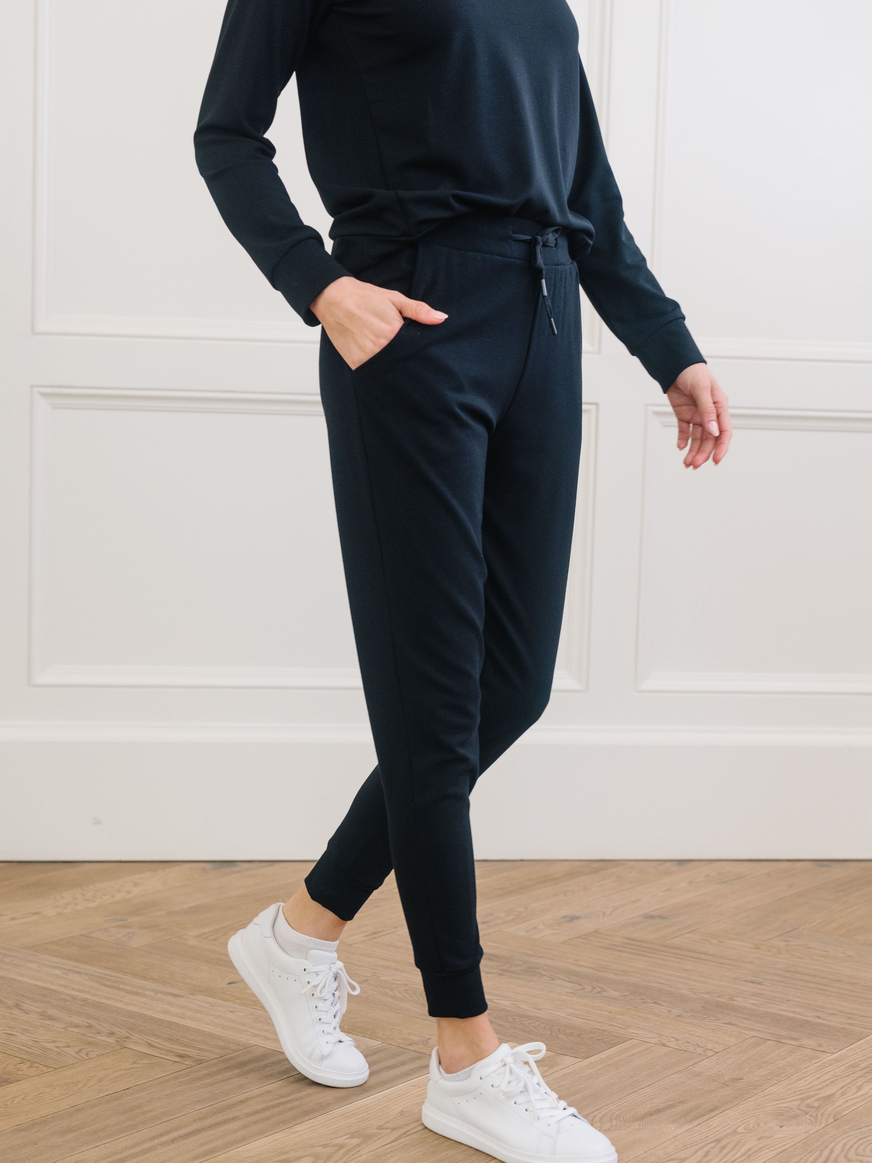 Black Bamboo Jogger Set. The photo was taken close up, showing off the print of the joggers. 