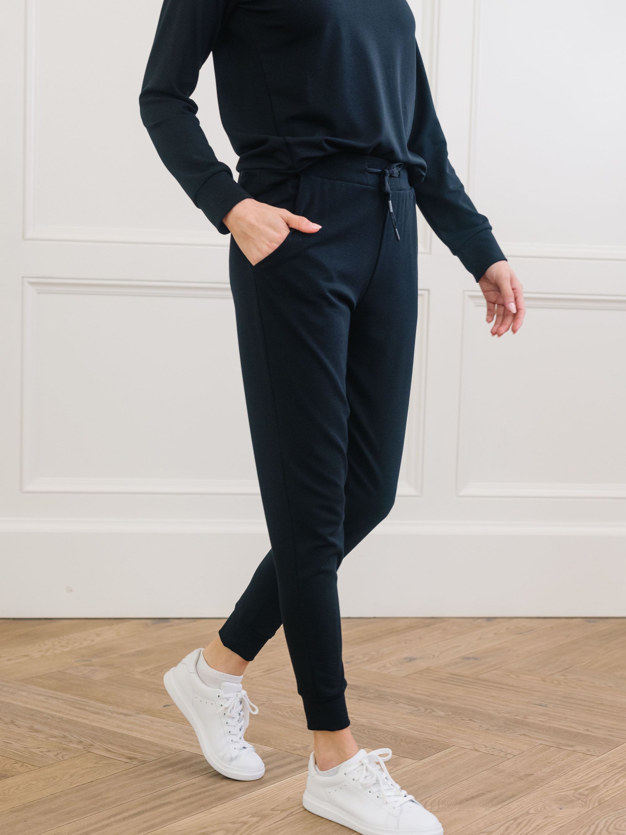 Black Bamboo Jogger Set. The photo was taken close up, showing off the print of the joggers. 