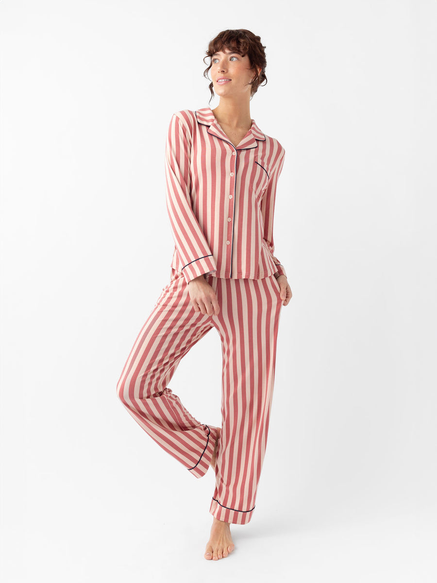 Woman wearing blush stripe pajama set with white background |Color:Blush Stripe
