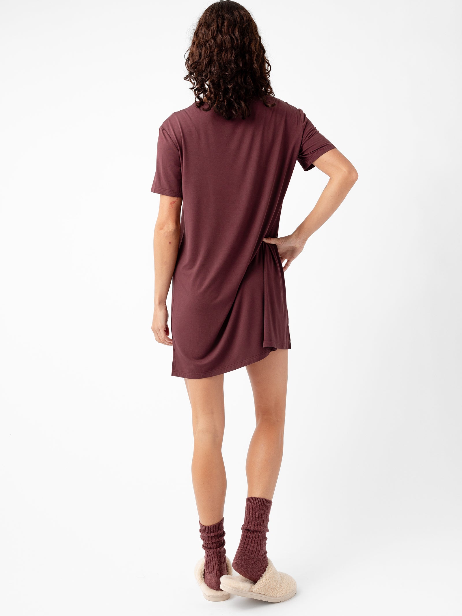 Woman wearing Women's Bamboo Stretch Knit Sleep Dress in Burgundy 