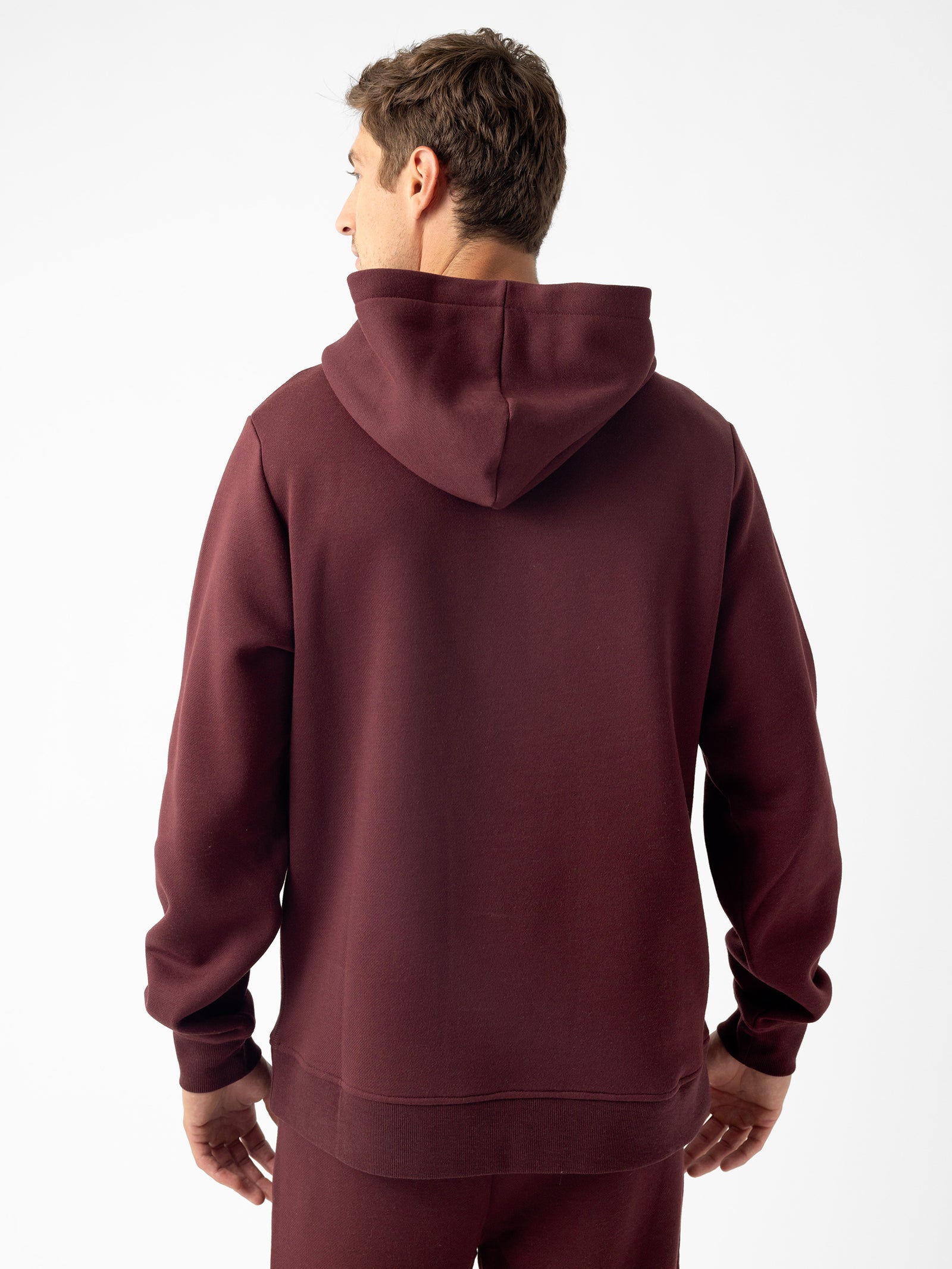 A person with short brown hair is shown from the back, wearing a Cozy Earth Men's CityScape Hoodie in burgundy. They are standing against a plain white background. 