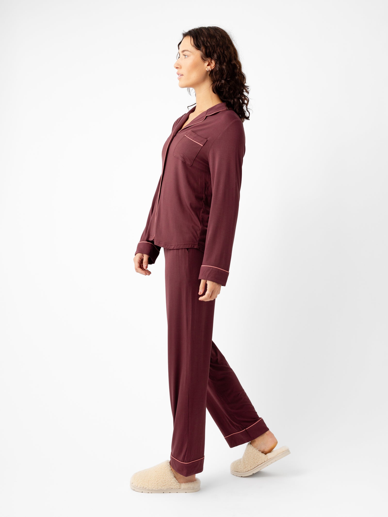 Woman wearing Women's Long Sleeve Bamboo Pajama Top in Stretch-Knit - Burgundy 