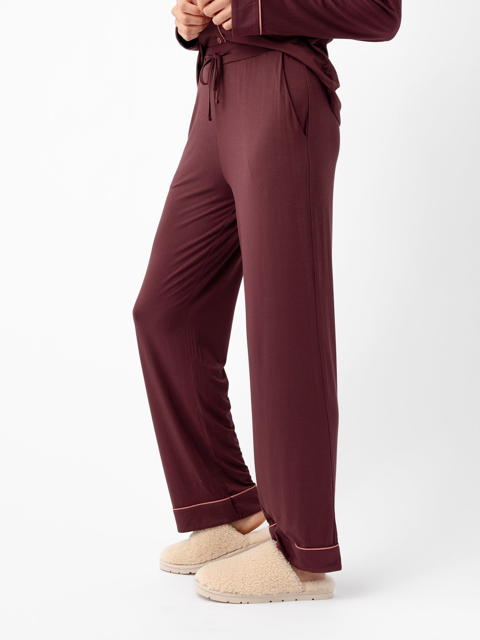 Woman wearing Women's Stretch-Knit Bamboo Pajama Pant in Burgundy 