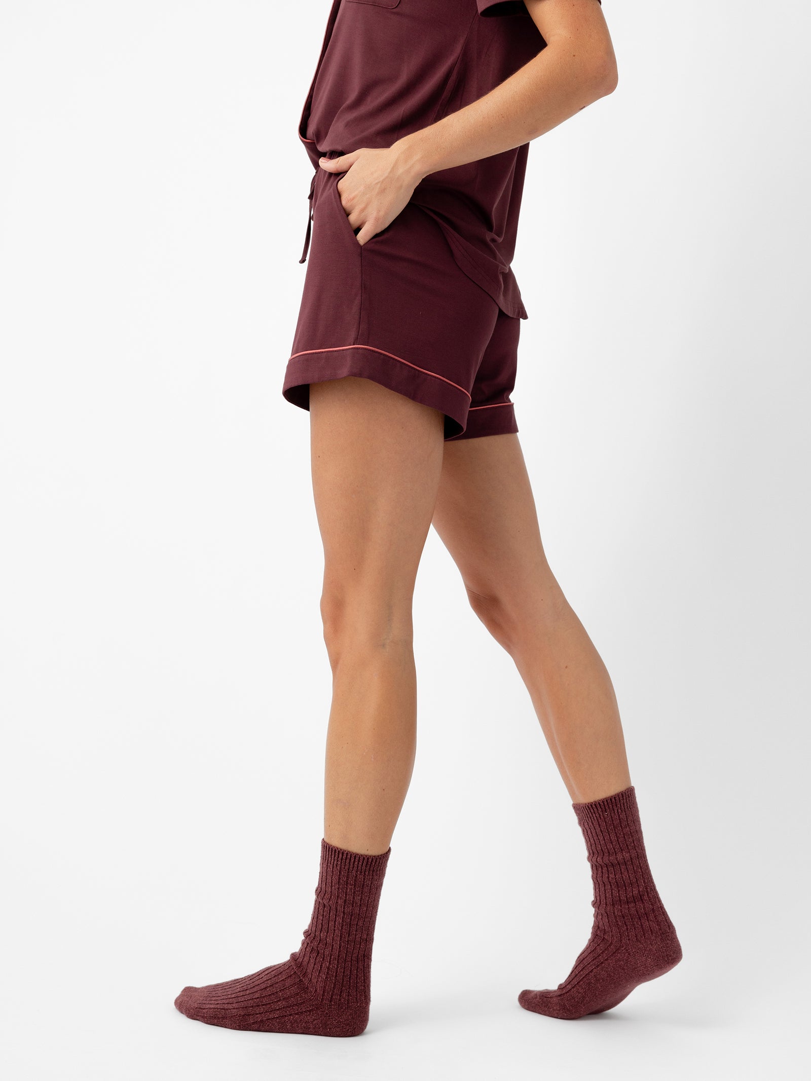 Woman wearing Women's Bamboo Pajama Short in Burgundy 