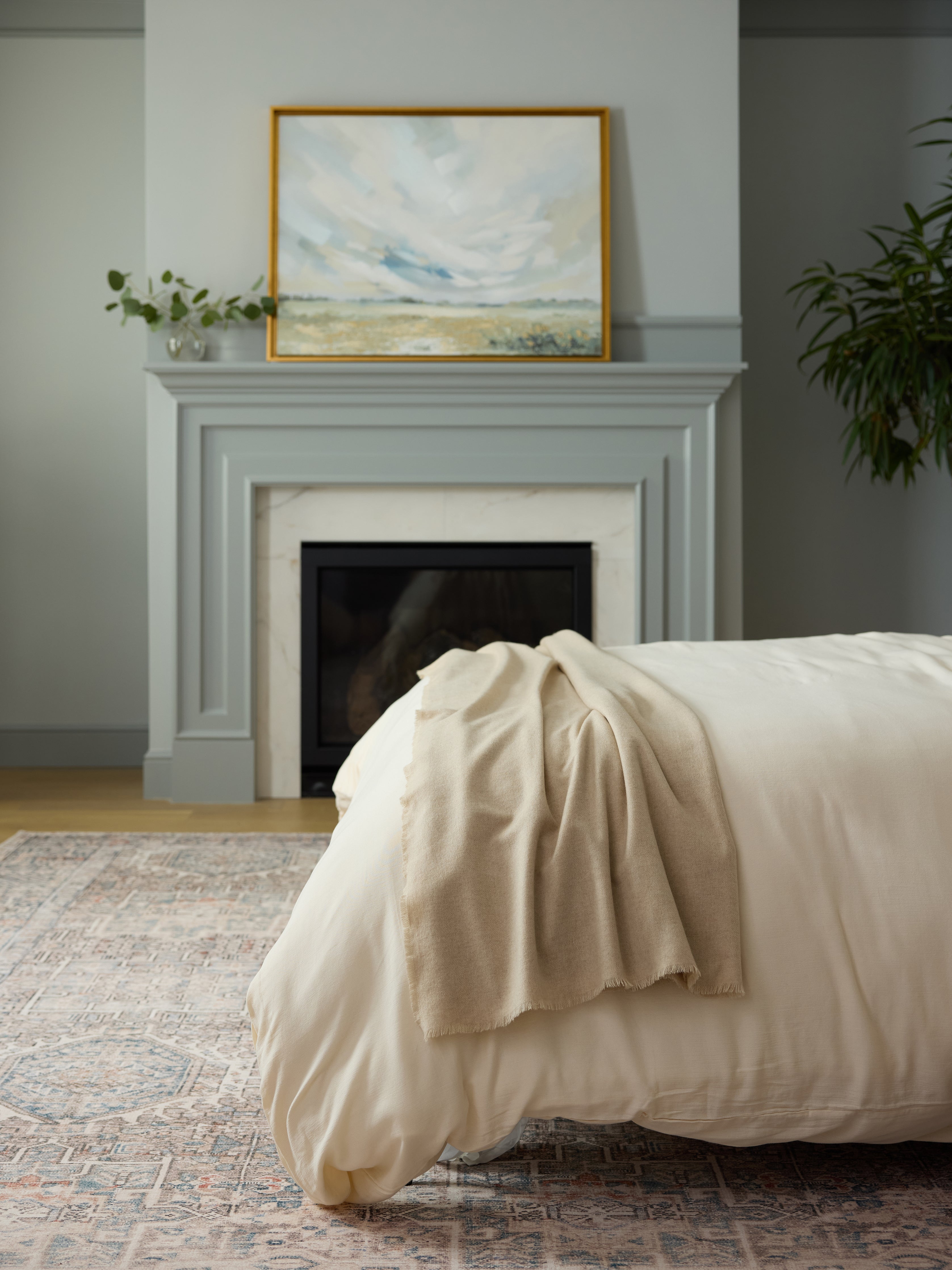Buttermilk Aire Bamboo Duvet Cover. The Duvet Cover has been photographed on a bed in a home bedroom.|Color:Buttermilk