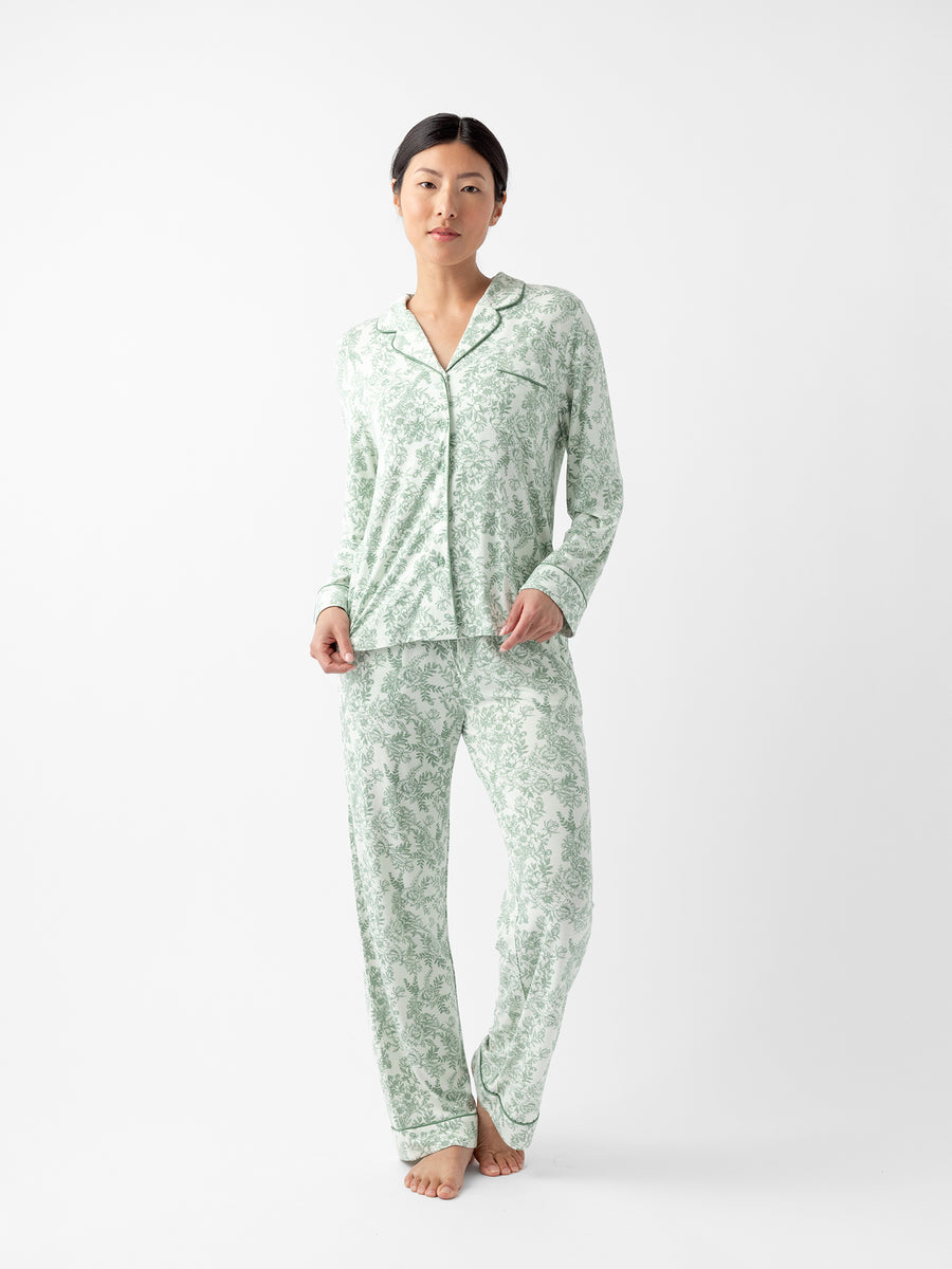 Woman standing in celadon toile pajama set with white background |Color:Celadon Toile
