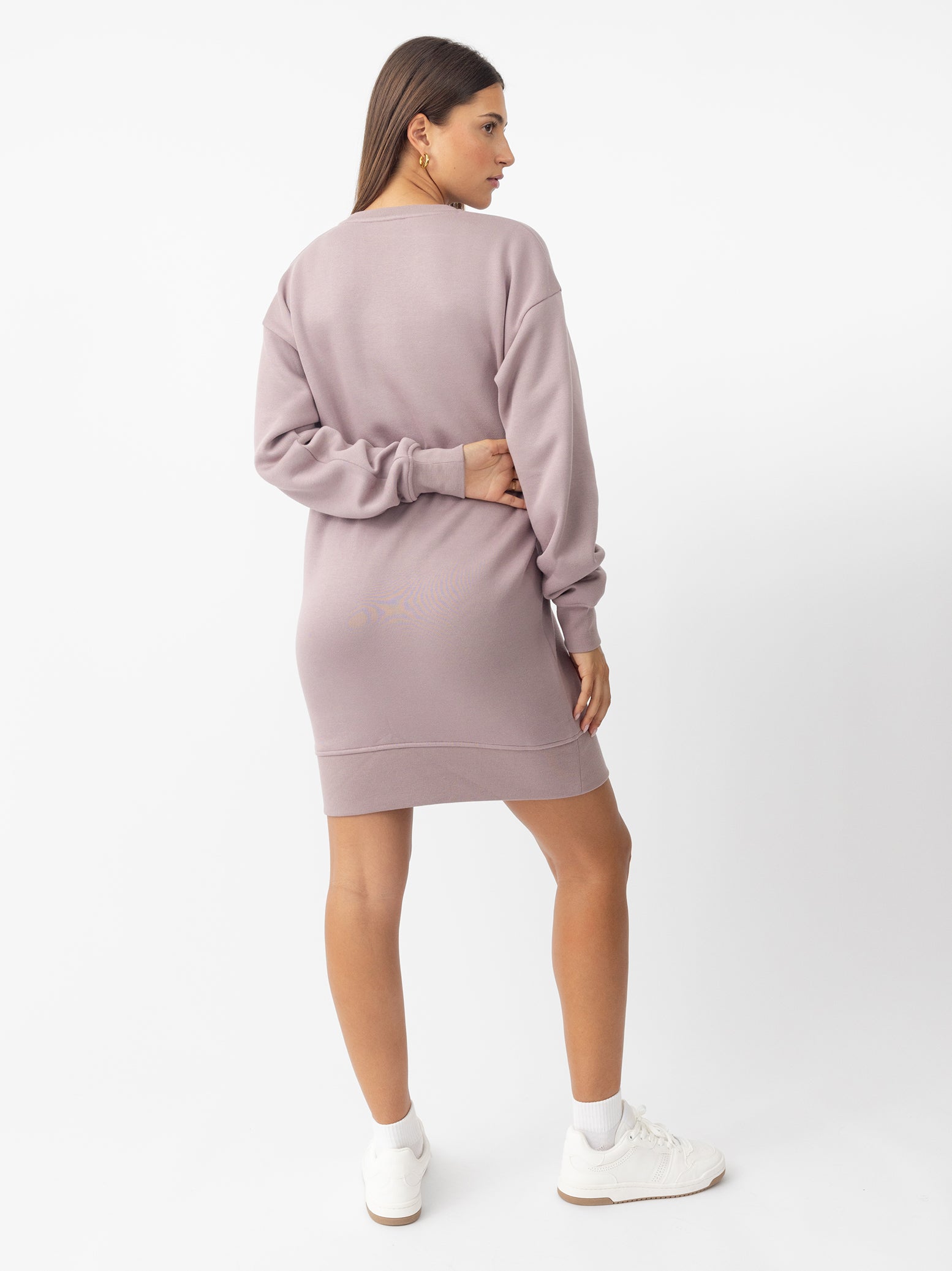Woman wearing Dusty Orchid CityScape Crewneck Dress with white background 